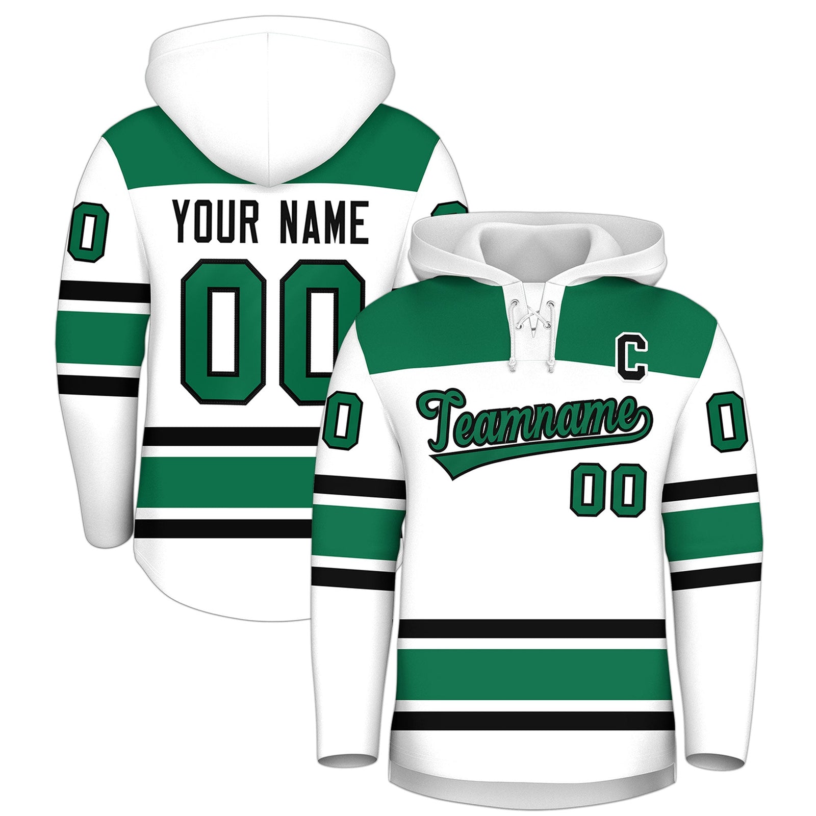 Custom Hockey Hoodie Jersey White Kelly Green Raglan Sleeves Lace-Up Neck Personalized Jersey for Men & Youth