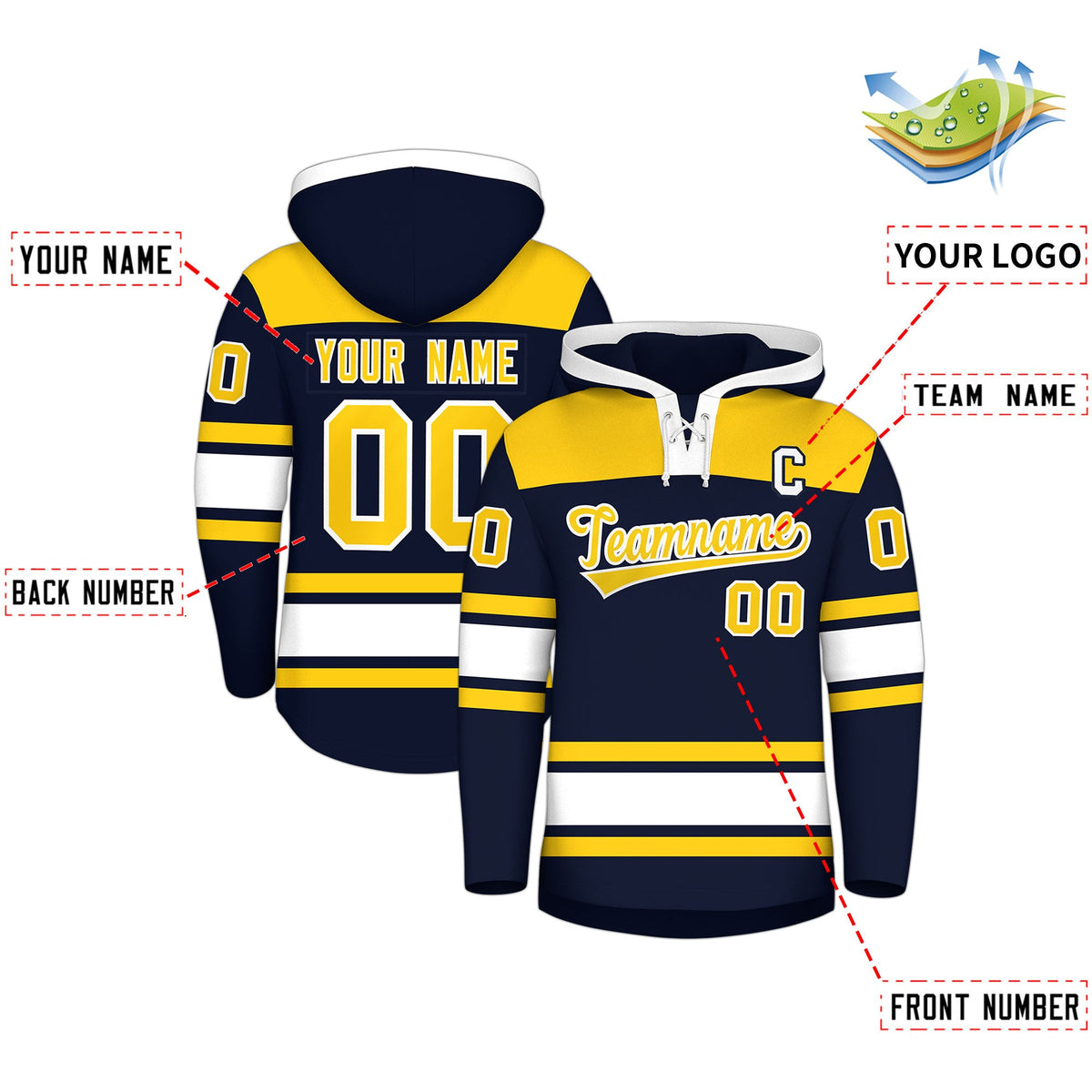 Custom Hockey Hoodie Jersey Navy Gold Raglan Sleeves Lace-Up Neck Personal Name &amp; Number &amp; Logo