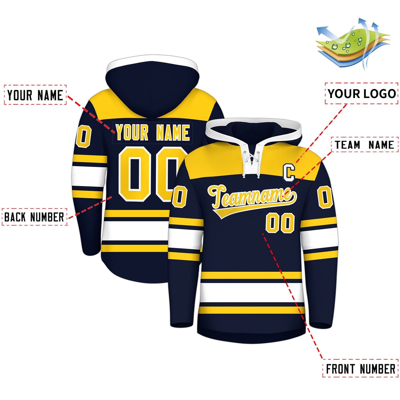 Custom Hockey Hoodie Jersey Navy Gold Raglan Sleeves Lace-Up Neck Personal Name & Number & Logo