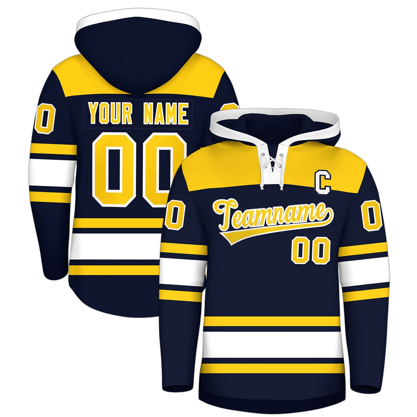Custom Hockey Hoodie Jersey Navy Gold Raglan Sleeves Lace-Up Neck Personal Name & Number & Logo