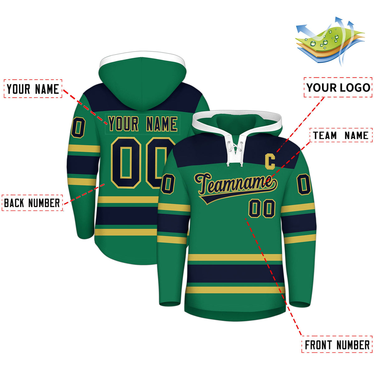 Custom Hockey Hoodie Jersey Kelly Green Old Gold Raglan Sleeves Lace-Up Neck Classic Team Colors Hoodie