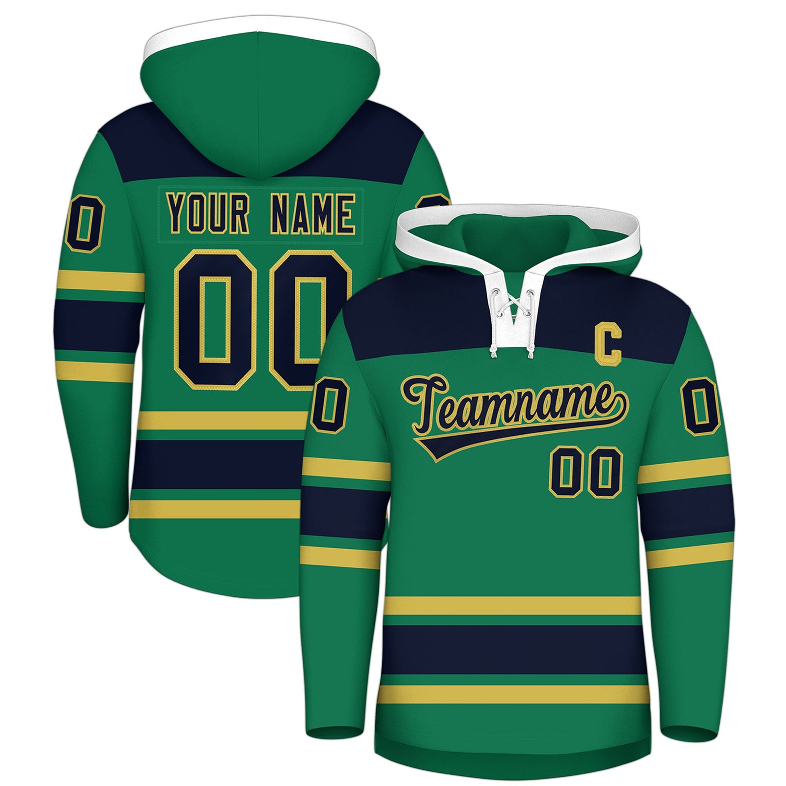 Custom Hockey Hoodie Jersey Kelly Green Old Gold Raglan Sleeves Lace-Up Neck Classic Team Colors Hoodie