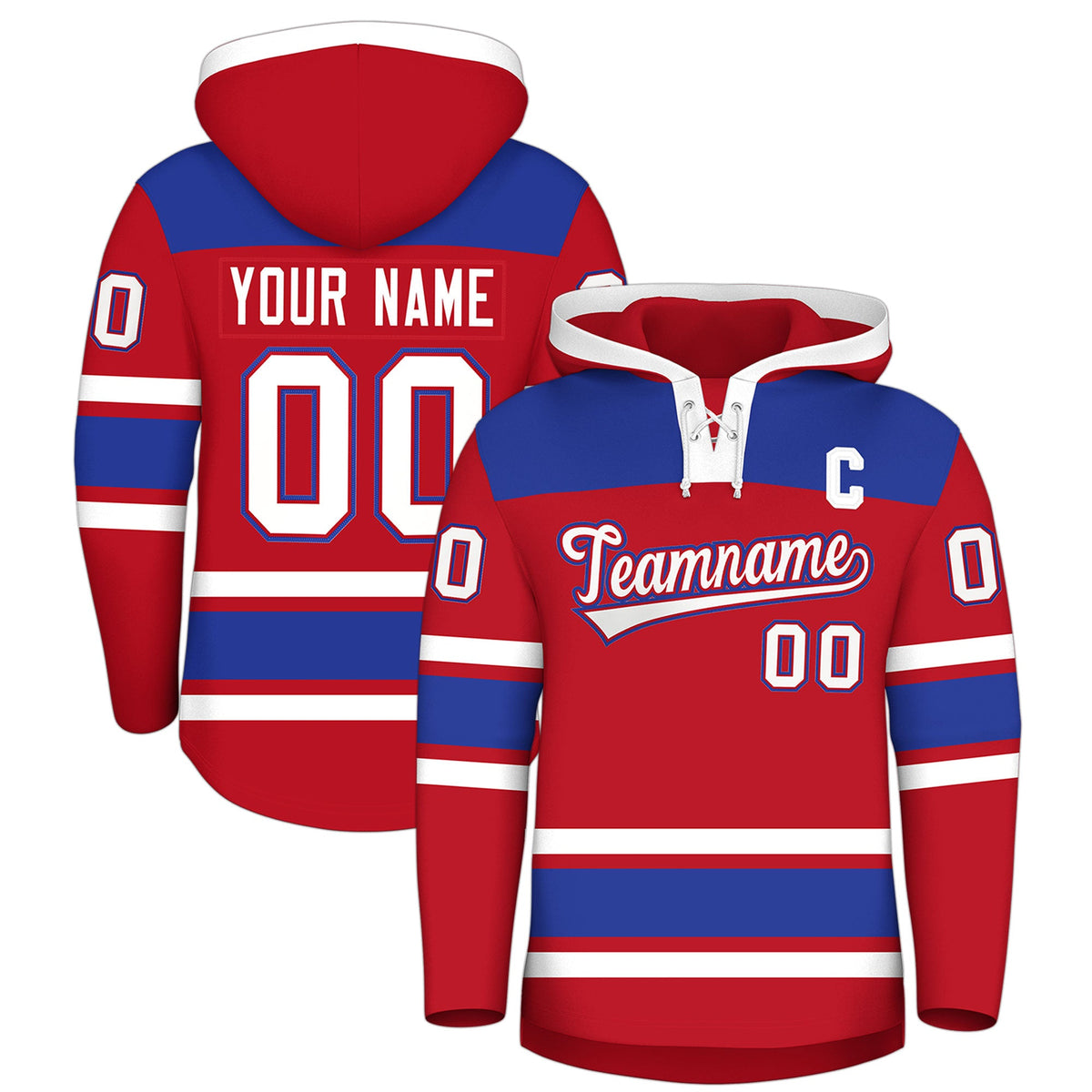 Custom Hockey Hoodie Jersey Red Royal Blue Raglan Sleeves Lace-Up Neck Personalized Jersey for Men &amp; Youth