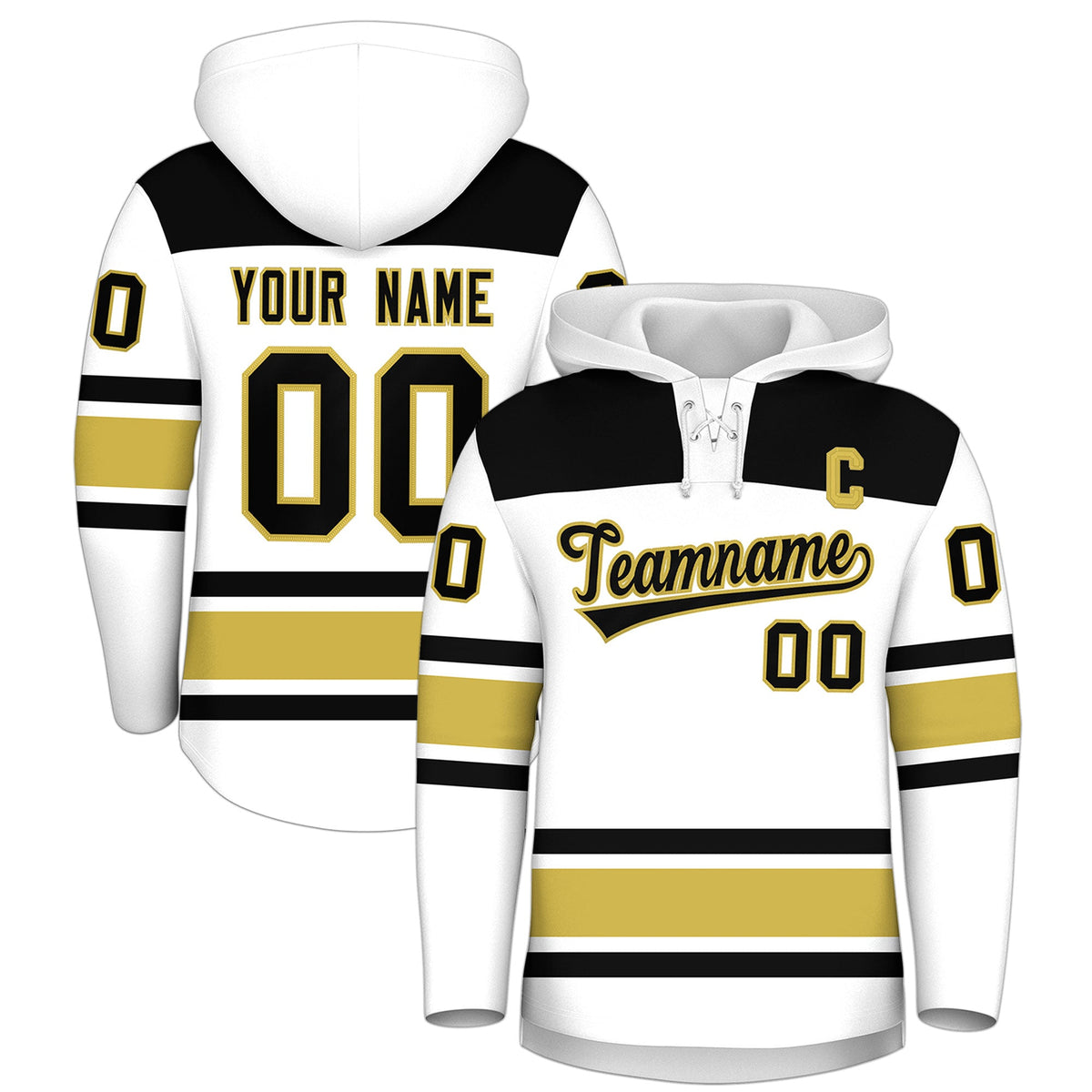 Custom Hockey Hoodie Jersey White Old Gold Raglan Sleeves Lace-Up Neck Classic Team Colors Hoodie