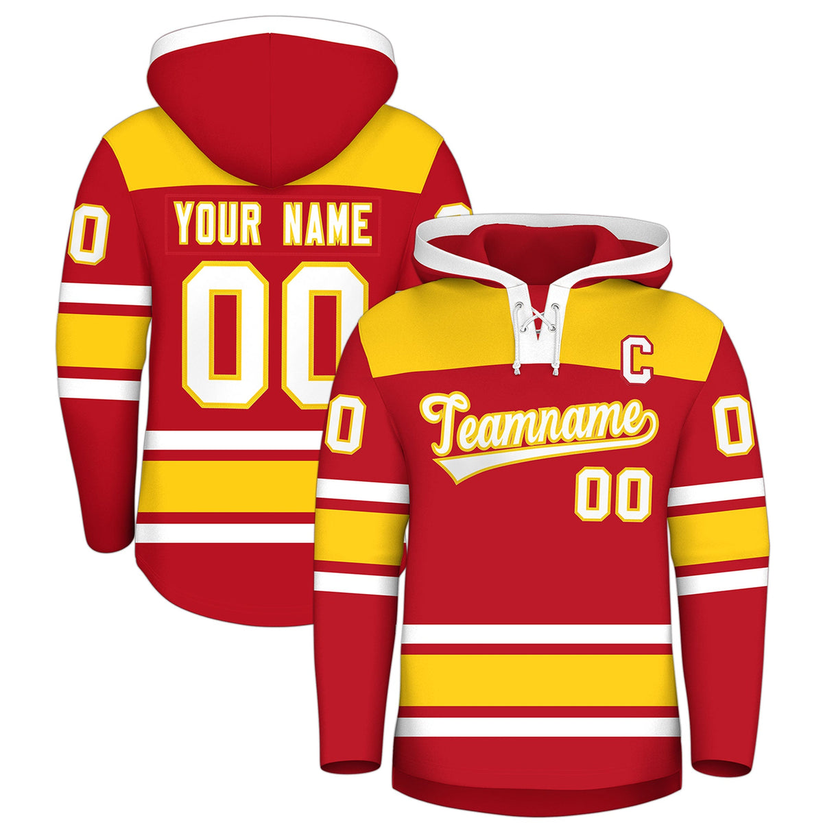 Custom Hockey Hoodie Jersey Red Gold Raglan Sleeves Lace-Up Neck Personalized Jersey for Men &amp; Youth