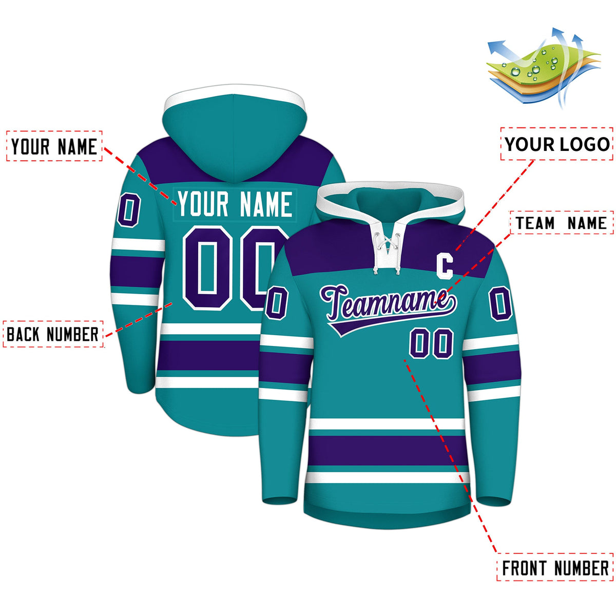 Custom Hockey Hoodie Jersey Teal Purple Raglan Sleeves Lace-Up Neck Classic Team Colors Hoodie