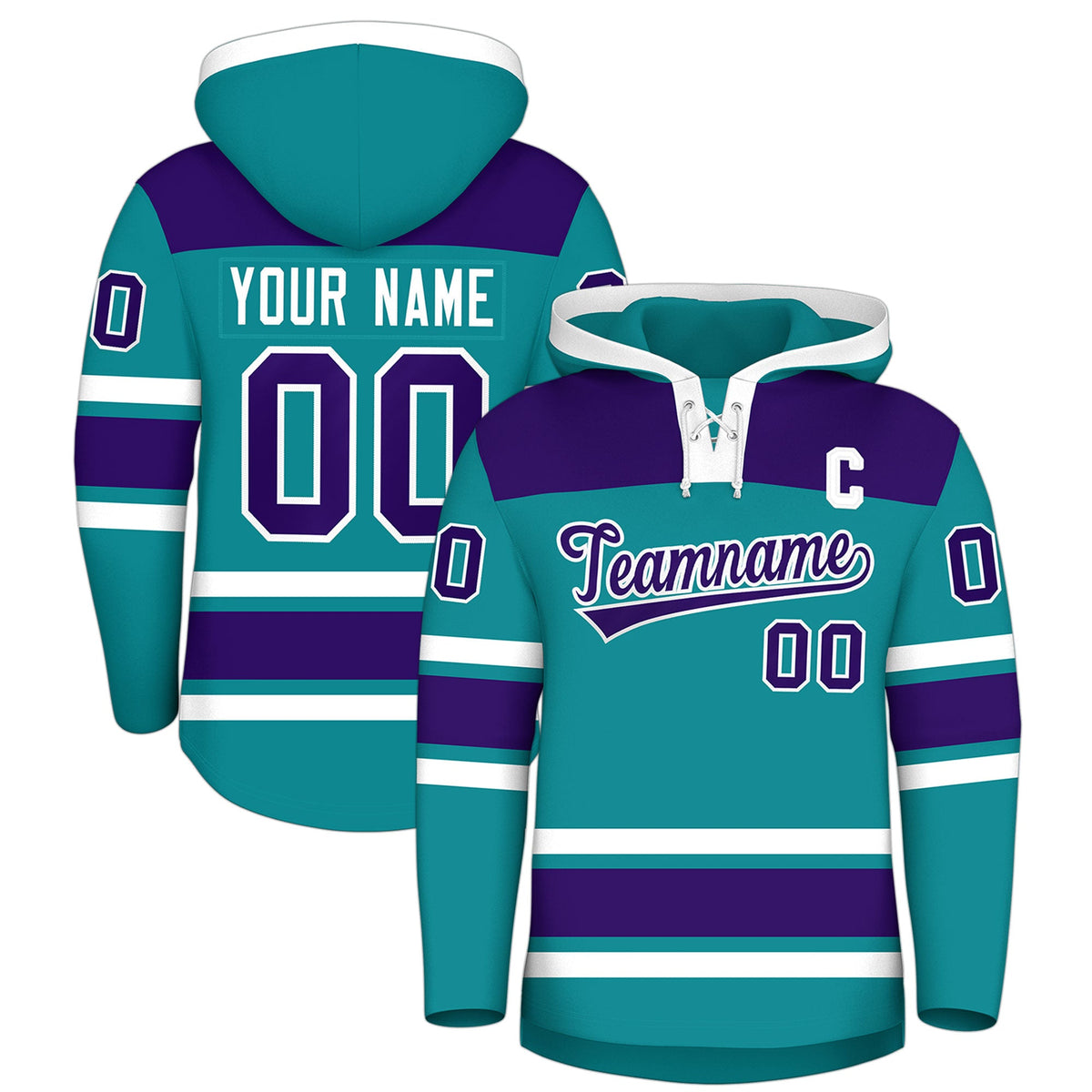 Custom Hockey Hoodie Jersey Teal Purple Raglan Sleeves Lace-Up Neck Classic Team Colors Hoodie