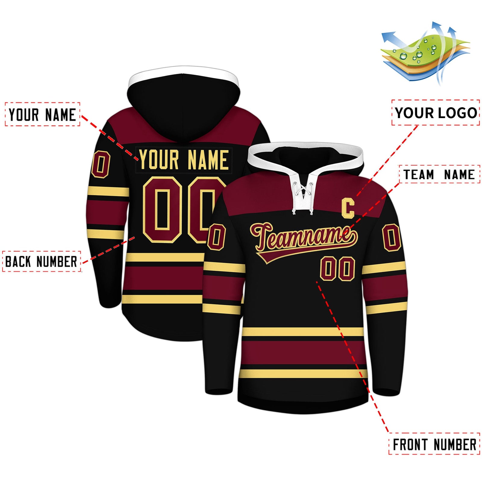 Custom Hockey Hoodie Jersey Black Crimson Raglan Sleeves Lace-Up Neck Personalized Jersey for Men & Youth