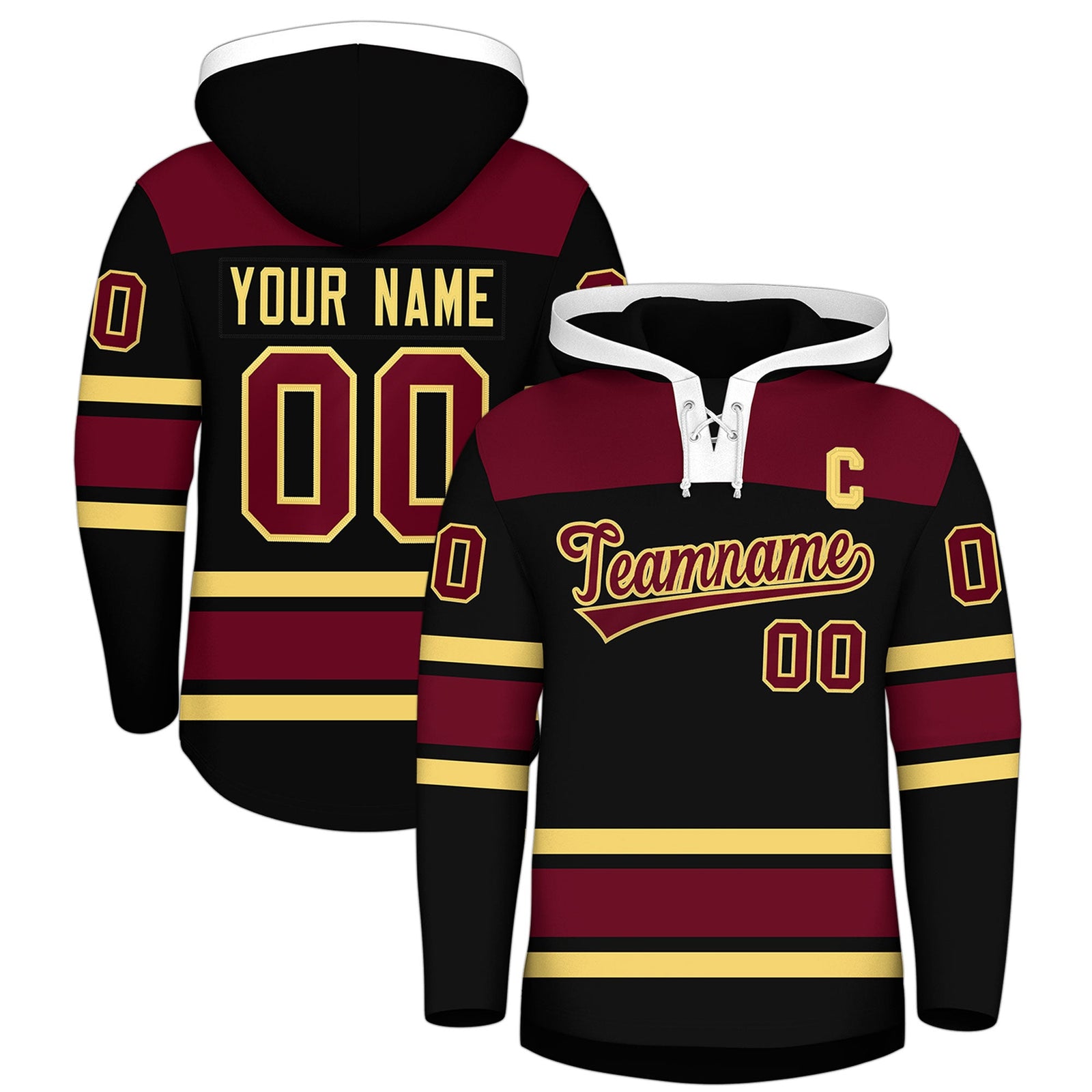 Custom Hockey Hoodie Jersey Black Crimson Raglan Sleeves Lace-Up Neck Personalized Jersey for Men & Youth