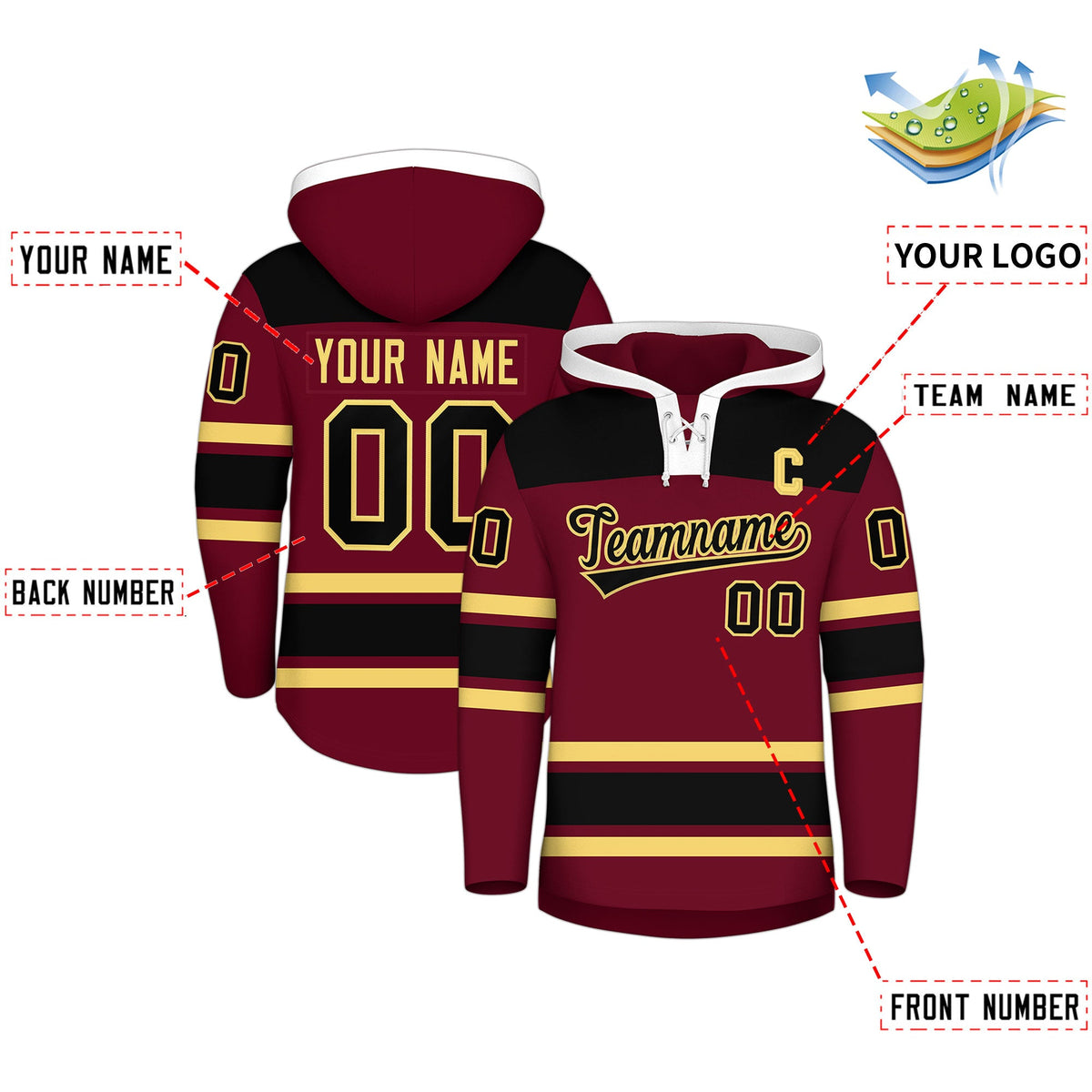Custom Hockey Hoodie Jersey Crimson Black Raglan Sleeves Lace-Up Neck Personal Name &amp; Number &amp; Logo