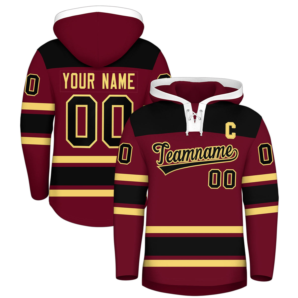 Custom Hockey Hoodie Jersey Crimson Black Raglan Sleeves Lace-Up Neck Personal Name &amp; Number &amp; Logo