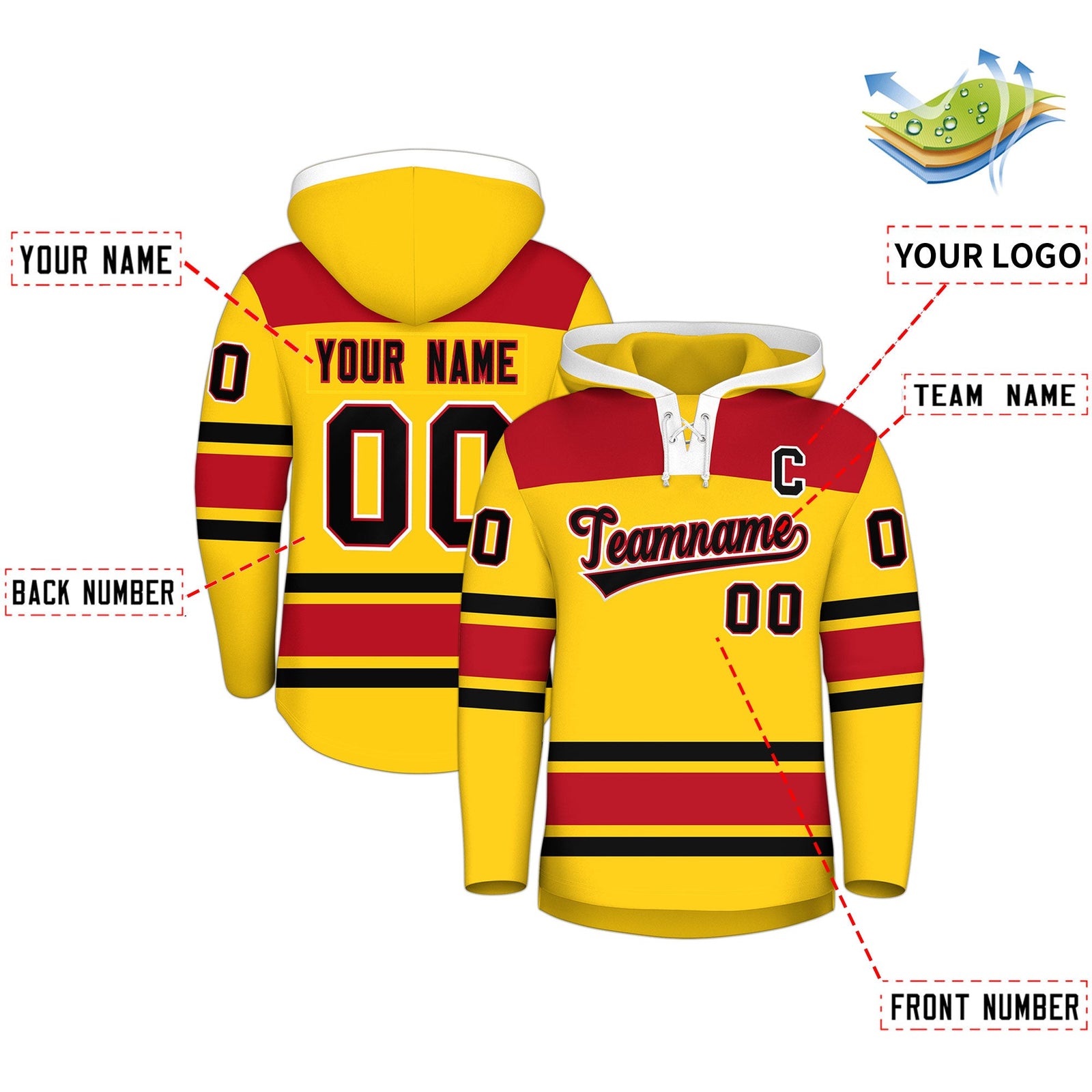 Custom Hockey Hoodie Jersey Gold Red Raglan Sleeves Lace-Up Neck Personal Name & Number & Logo