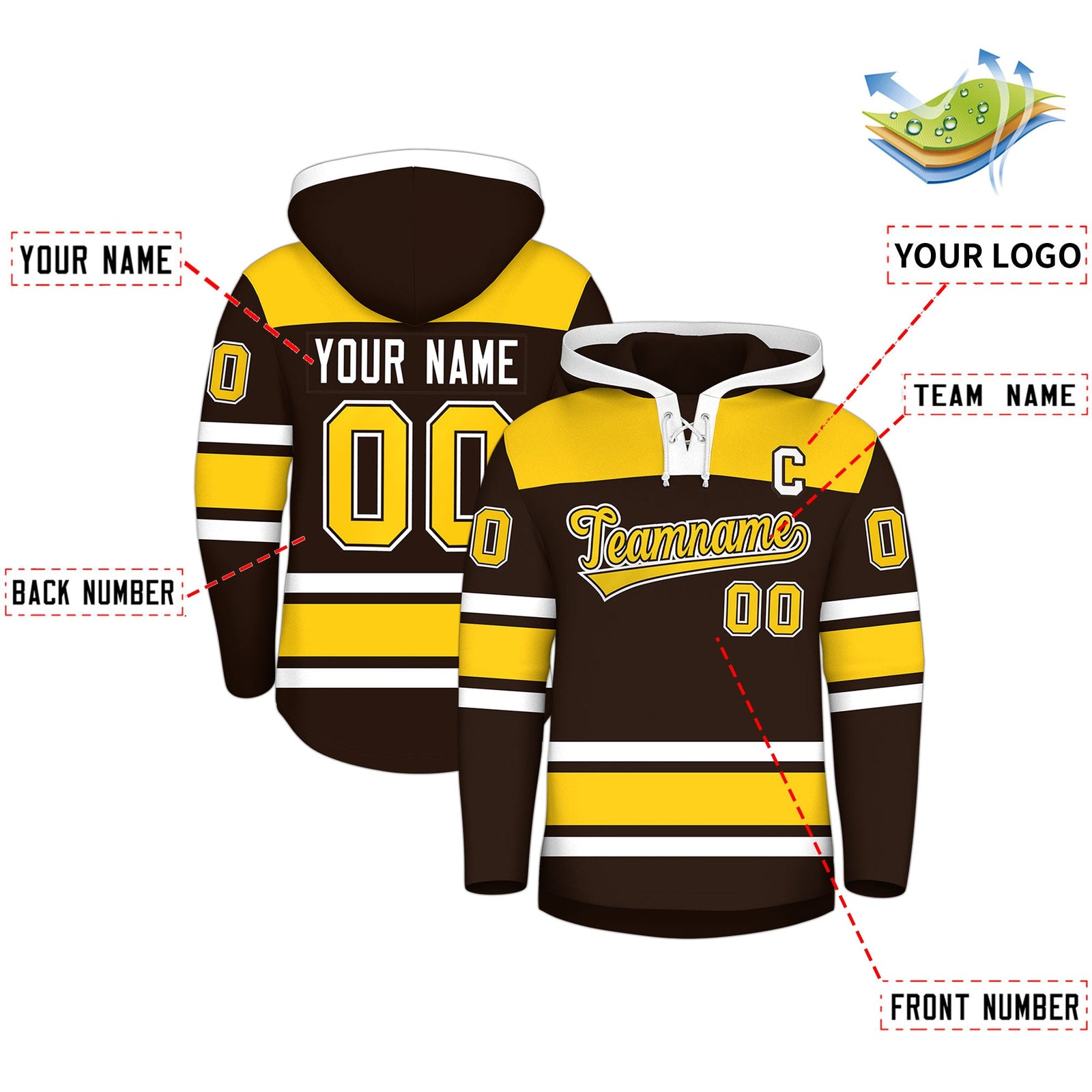 Custom Hockey Hoodie Jersey Brown Gold Raglan Sleeves Lace-Up Neck Personalized Jersey for Men & Youth