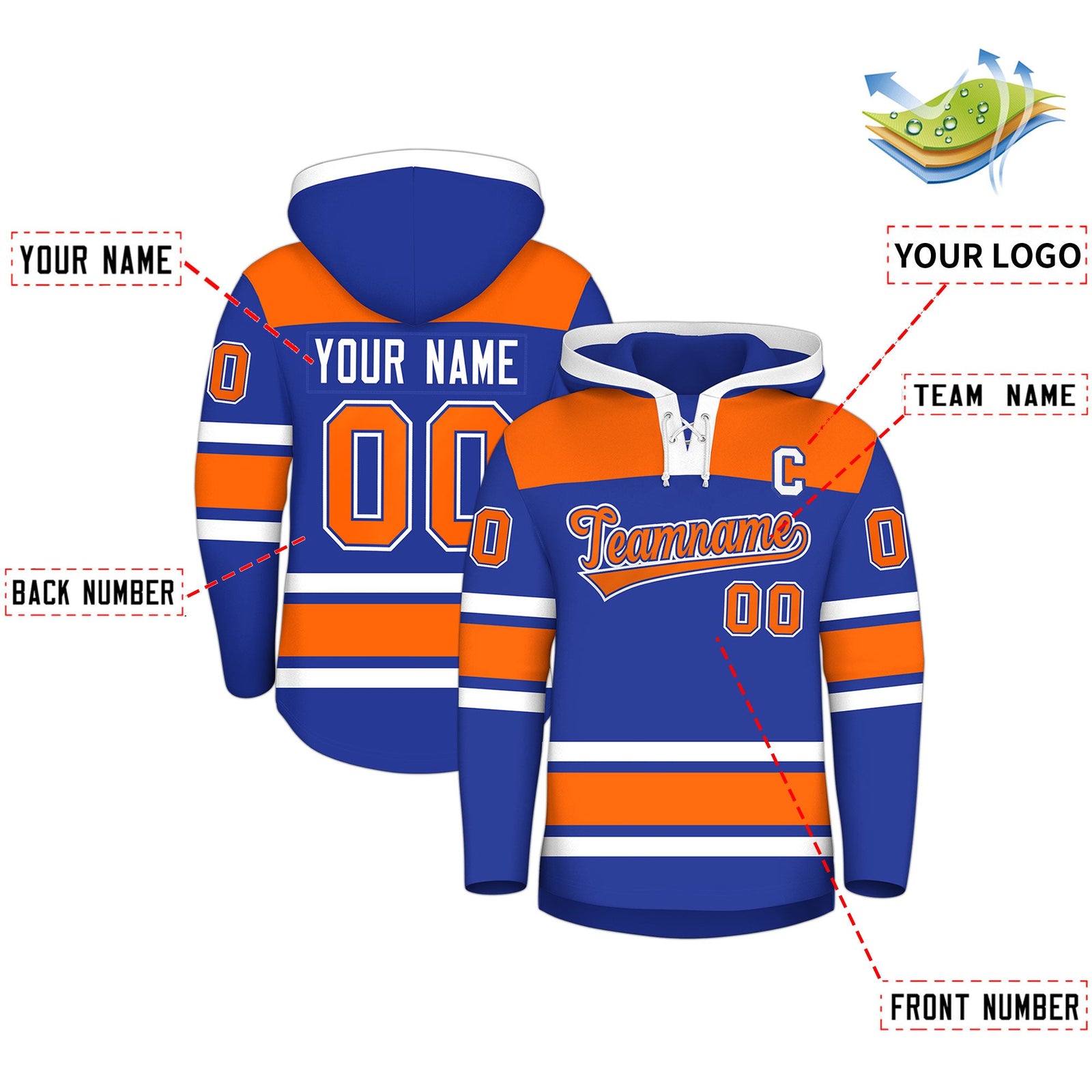 Custom Hockey Hoodie Jersey Royal Blue Orange Raglan Sleeves Lace-Up Neck Personal Name & Number & Logo