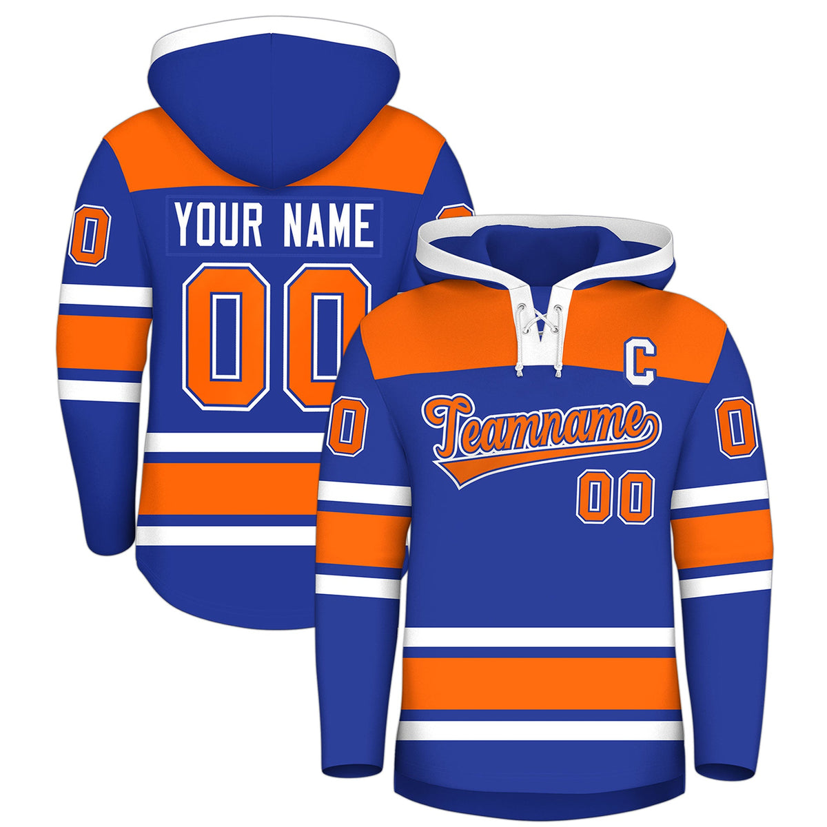 Custom Hockey Hoodie Jersey Royal Blue Orange Raglan Sleeves Lace-Up Neck Personal Name &amp; Number &amp; Logo