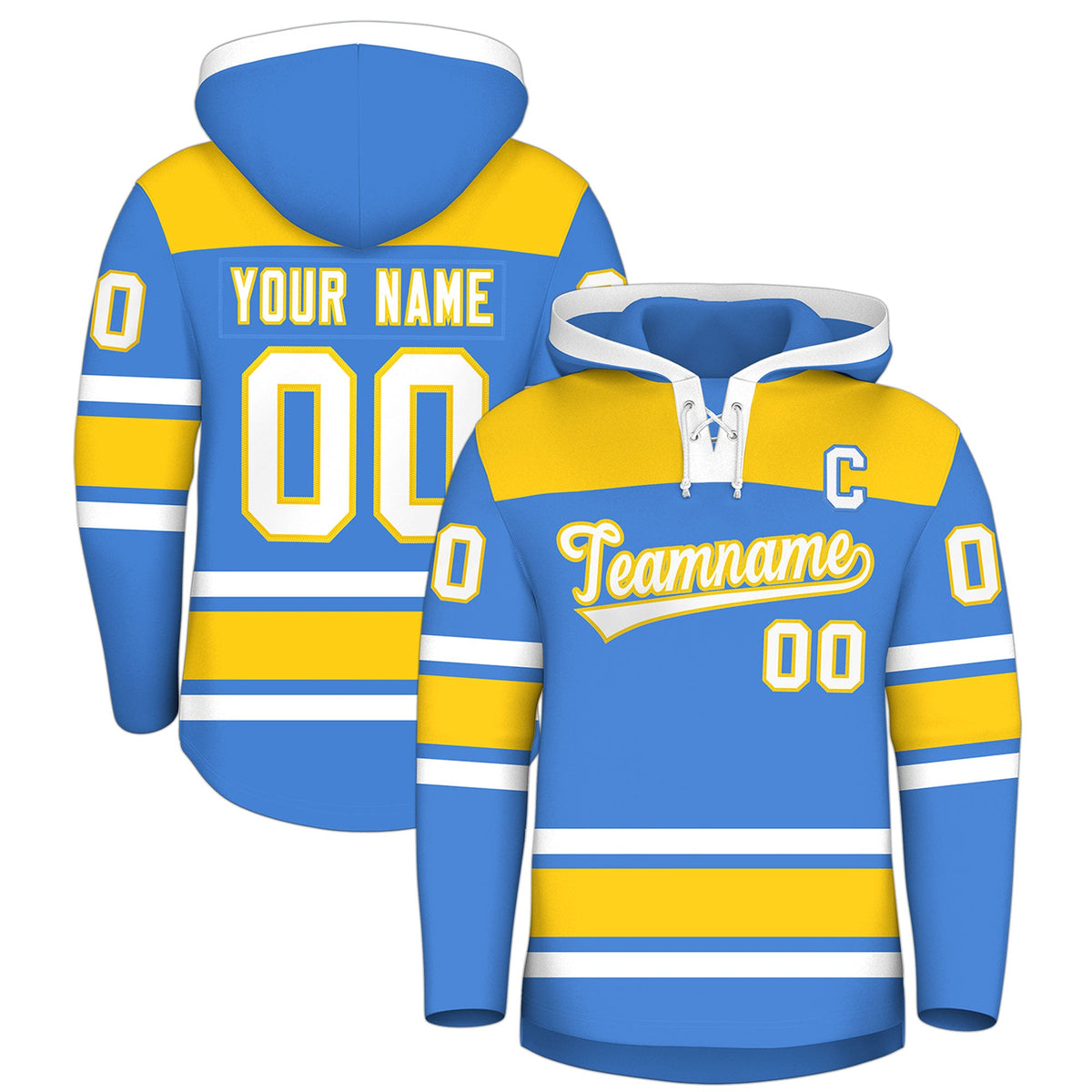 Custom Hockey Hoodie Jersey Powder Blue Gold Raglan Sleeves Lace-Up Neck Classic Team Colors Hoodie