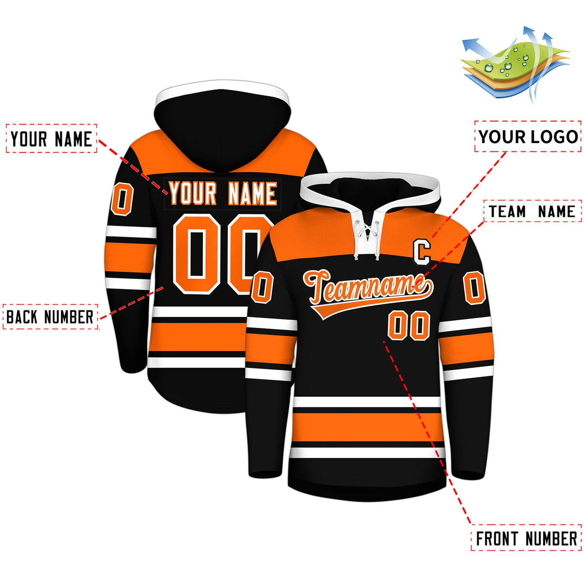 Custom Hockey Hoodie Jersey Black Orange Raglan Sleeves Lace-Up Neck Personalized Jersey for Men &amp; Youth