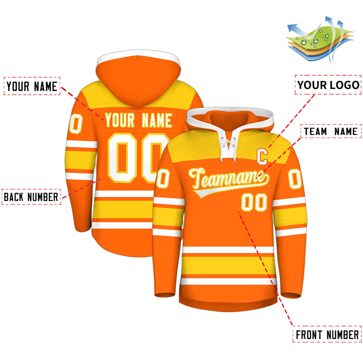 Custom Hockey Hoodie Jersey Orange Gold Raglan Sleeves Lace-Up Neck Personal Name &amp; Number &amp; Logo