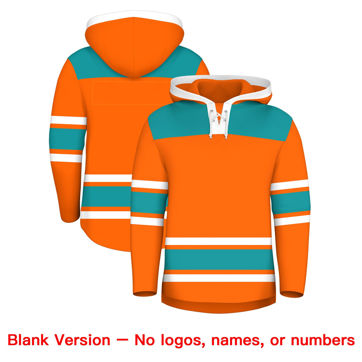 Custom Hockey Hoodie Jersey Orange Aqua Raglan Sleeves Lace-Up Neck Classic Team Colors Hoodie