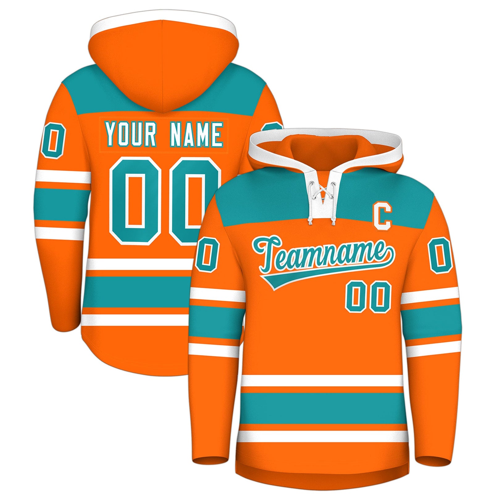 Custom Hockey Hoodie Jersey Orange Aqua Raglan Sleeves Lace-Up Neck Classic Team Colors Hoodie