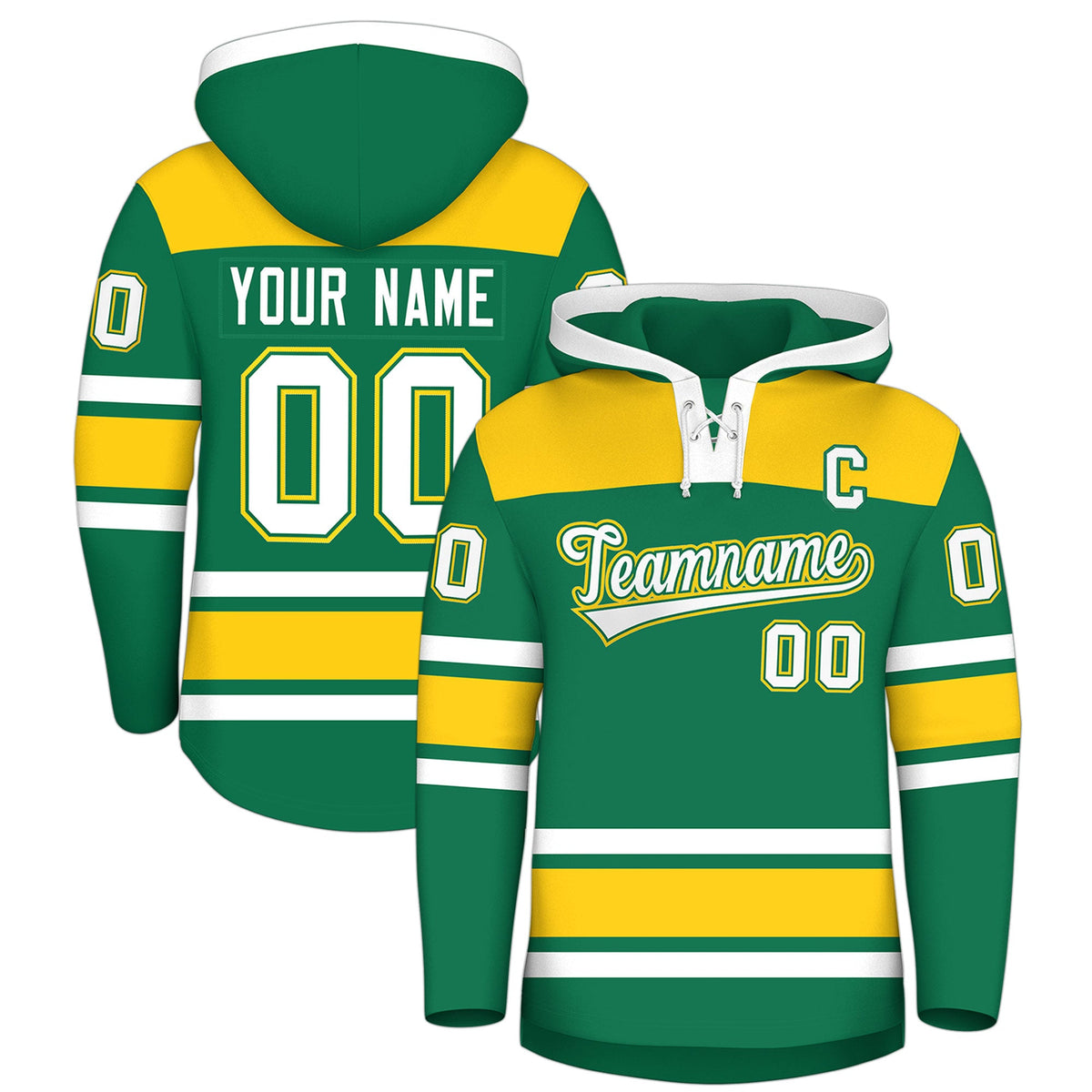 Custom Hockey Hoodie Jersey Kelly Green Gold Raglan Sleeves Lace-Up Neck Personalized Jersey for Men &amp; Youth