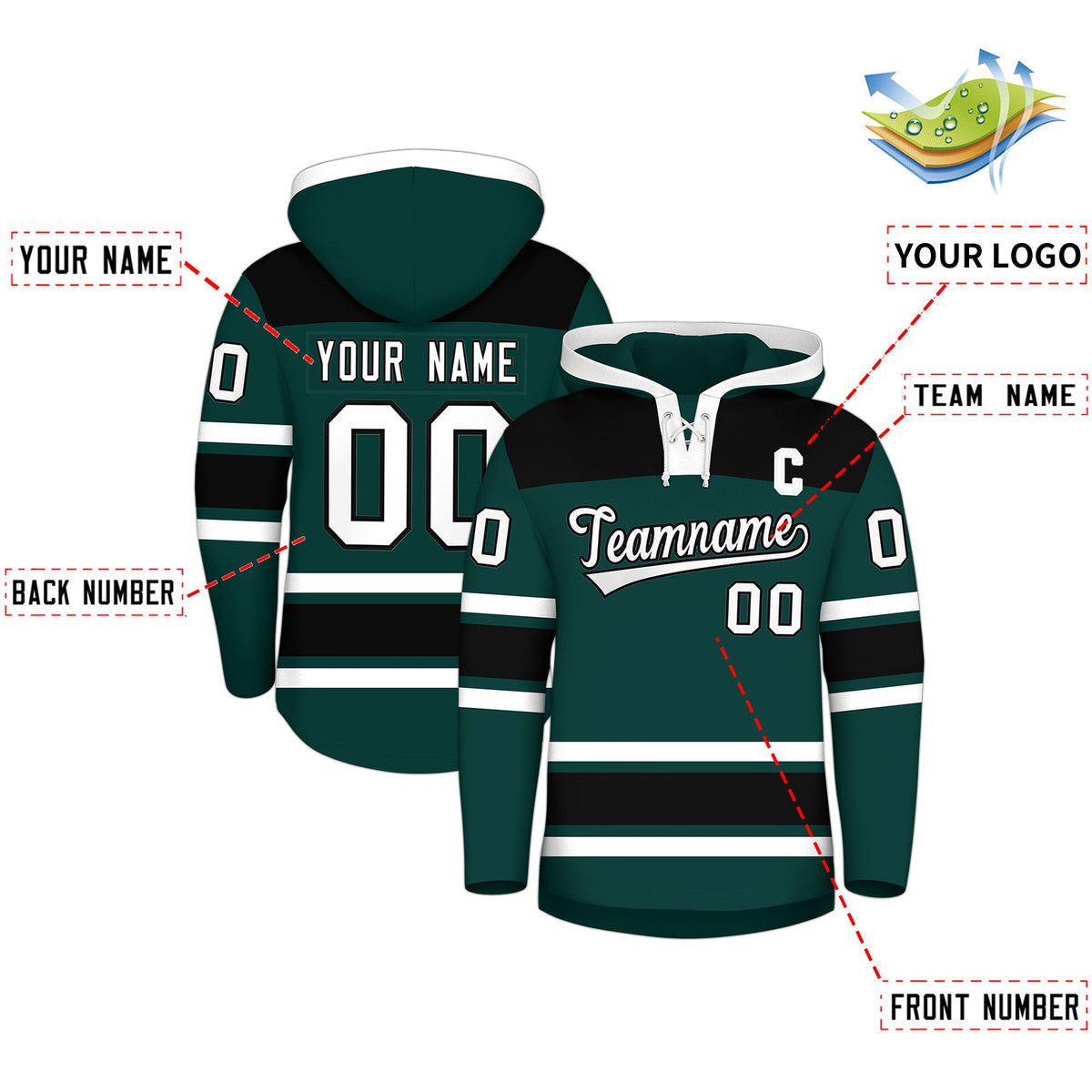 Custom Hockey Hoodie Jersey Midnight Green Black Raglan Sleeves Lace-Up Neck Personal Name &amp; Number &amp; Logo