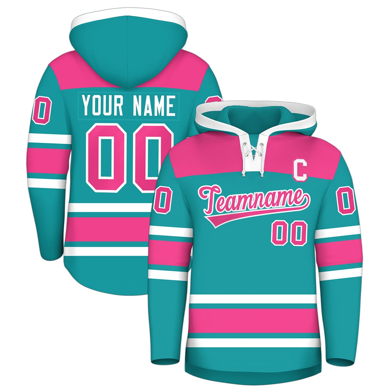 Custom Hockey Hoodie Jersey Aqua Pink Raglan Sleeves Lace-Up Neck Classic Team Colors Hoodie