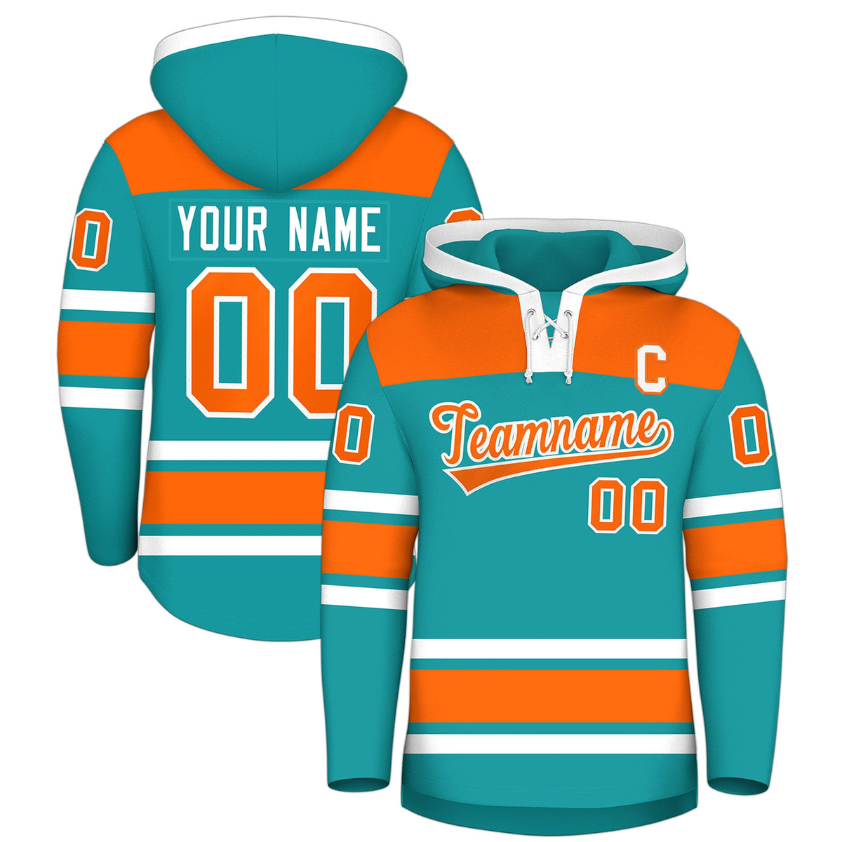 Custom Hockey Hoodie Jersey Aqua Orange Raglan Sleeves Lace-Up Neck Personalized Jersey for Men &amp; Youth