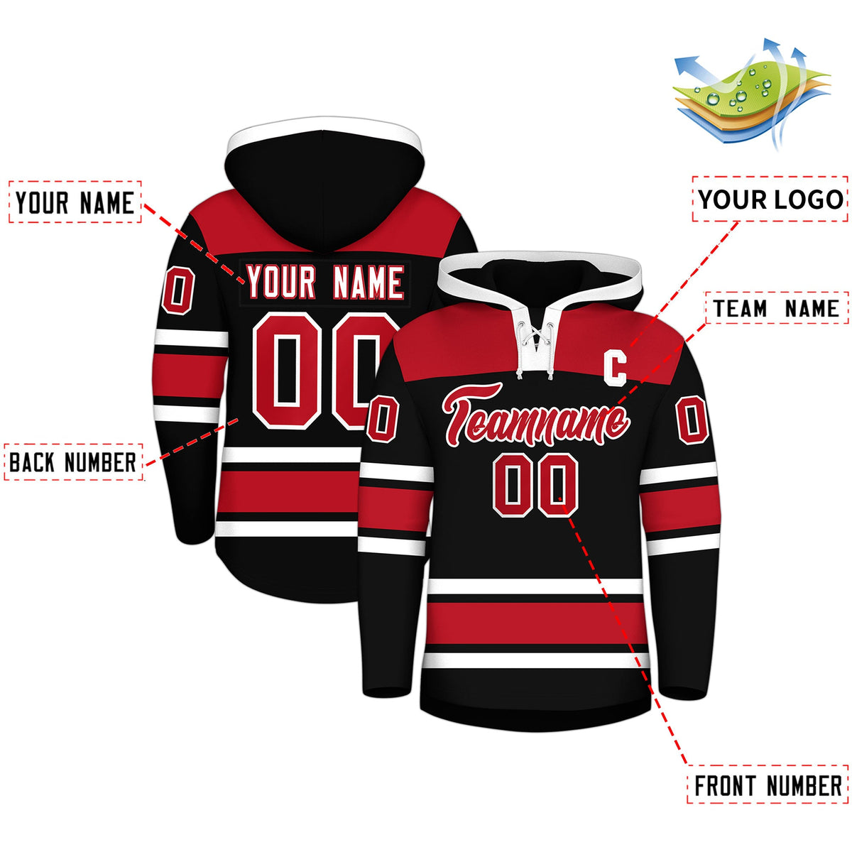 Custom Hockey Hoodie Jersey Black Red Raglan Sleeves Lace-Up Neck Personalized Jersey for Men &amp; Youth