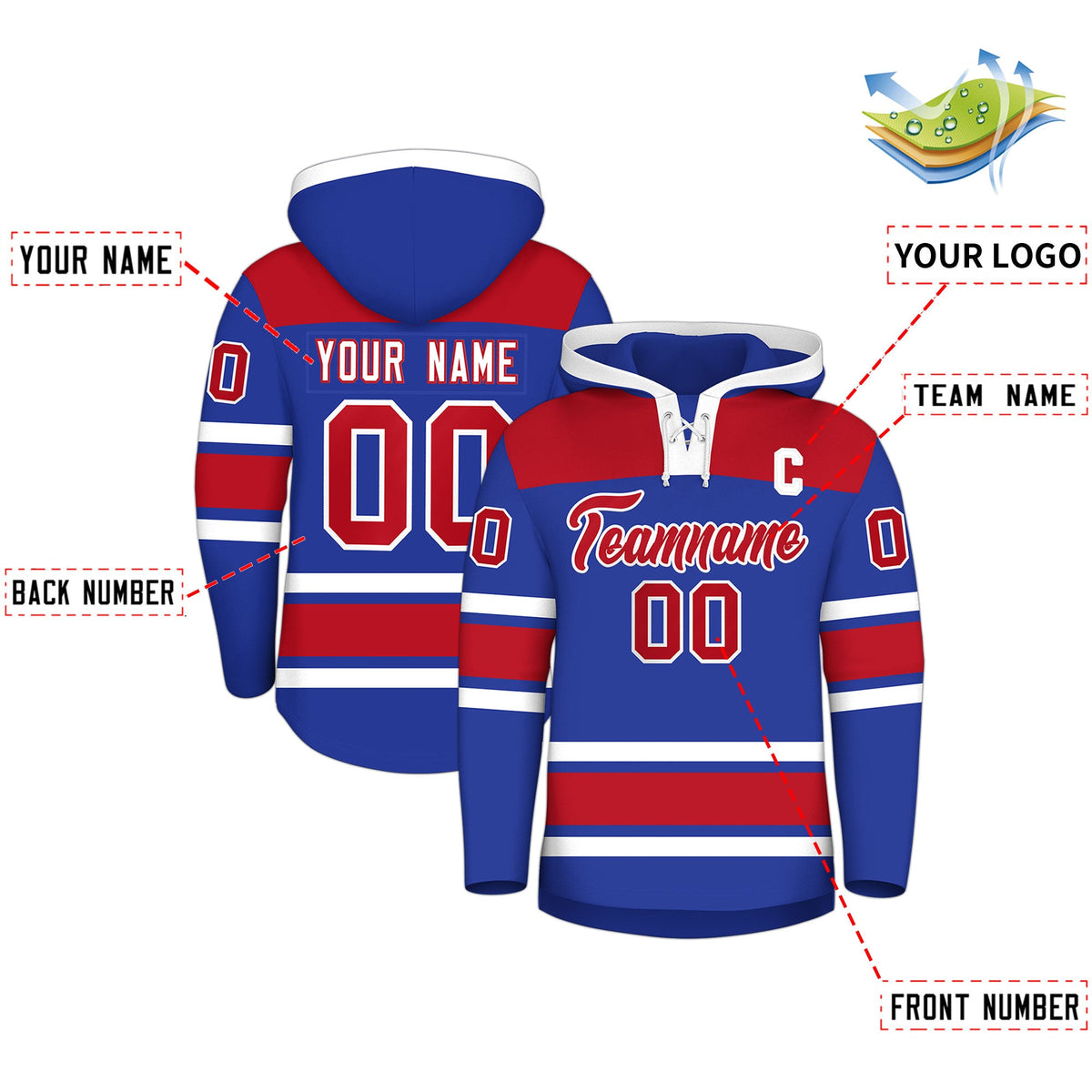 Custom Hockey Hoodie Jersey Royal Blue Red Raglan Sleeves Lace-Up Neck Personal Name &amp; Number &amp; Logo