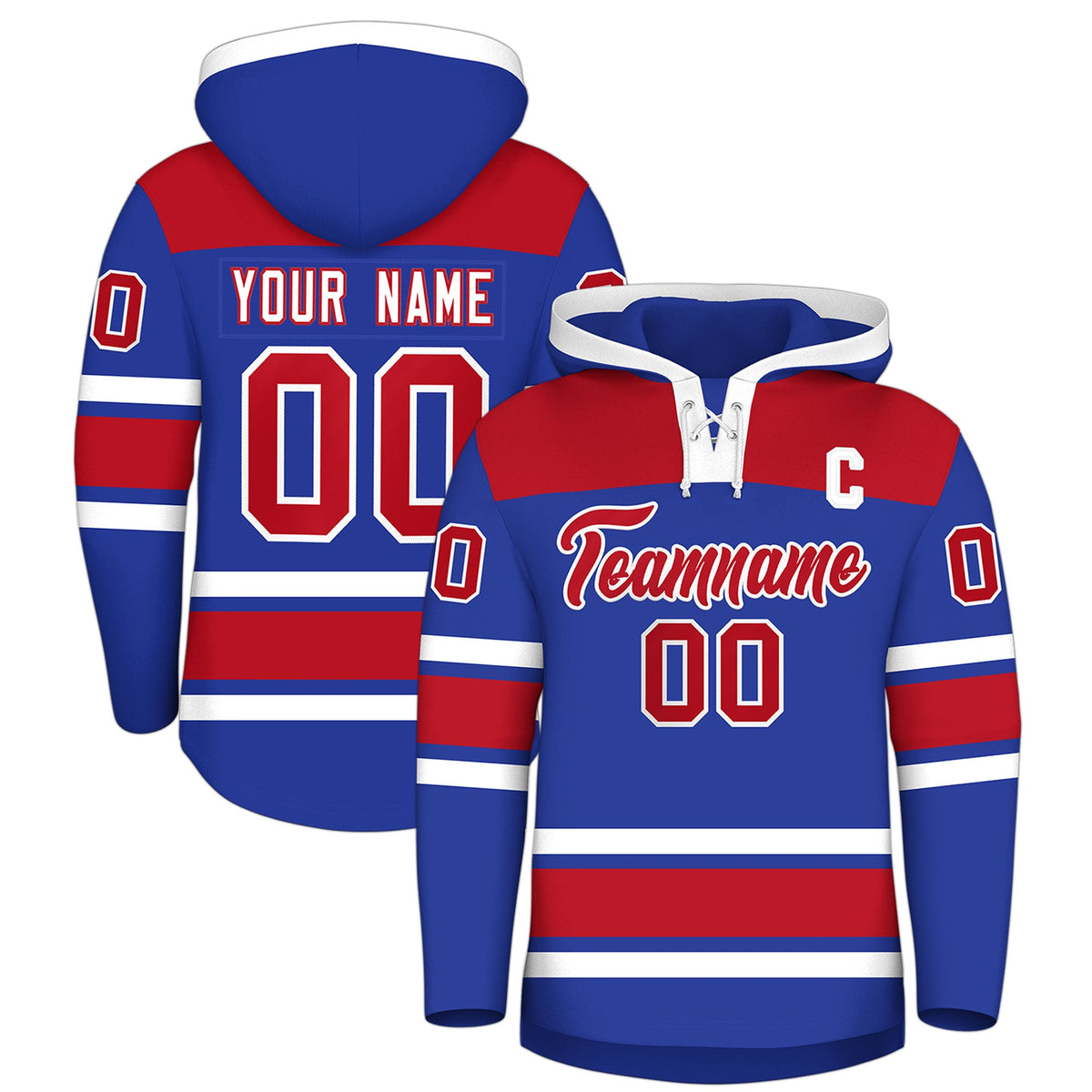 Custom Hockey Hoodie Jersey Royal Blue Red Raglan Sleeves Lace-Up Neck Personal Name &amp; Number &amp; Logo