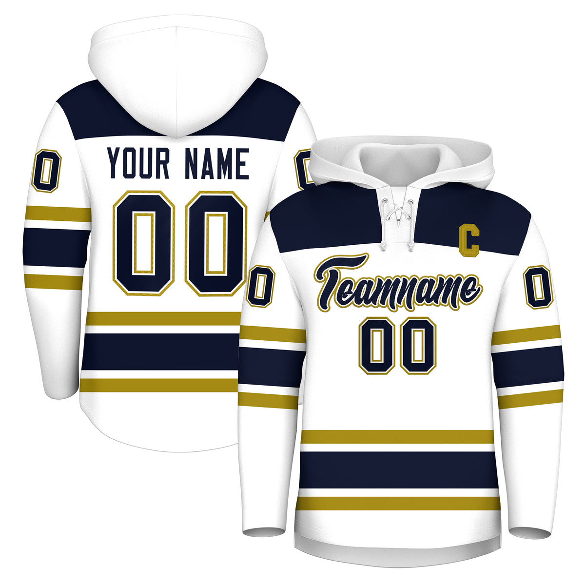 Custom Hockey Hoodie Jersey White Navy Raglan Sleeves Lace-Up Neck Personal Name &amp; Number &amp; Logo