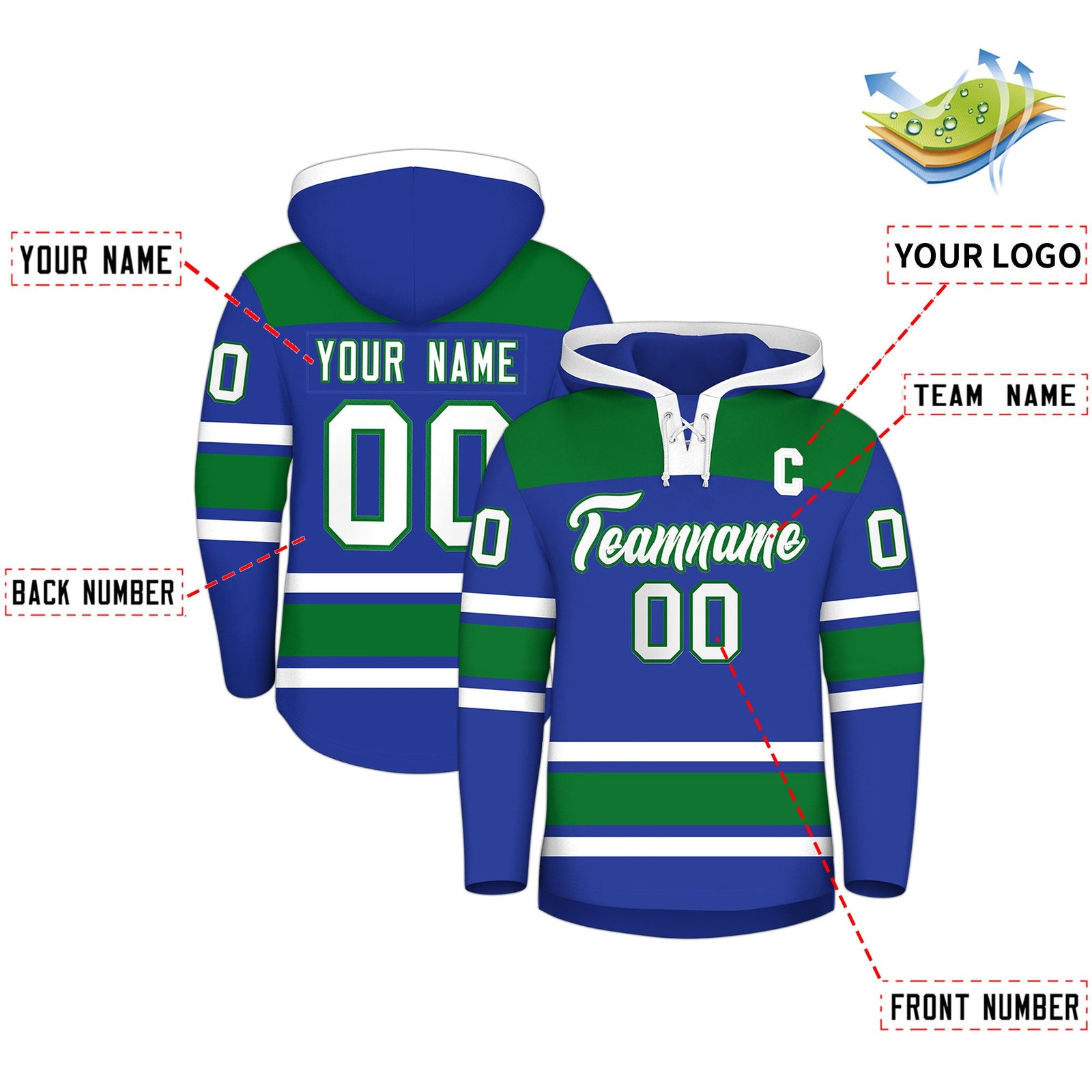 Custom Hockey Hoodie Jersey Royal Blue Kelly Green Raglan Sleeves Lace-Up Neck Classic Team Colors Hoodie