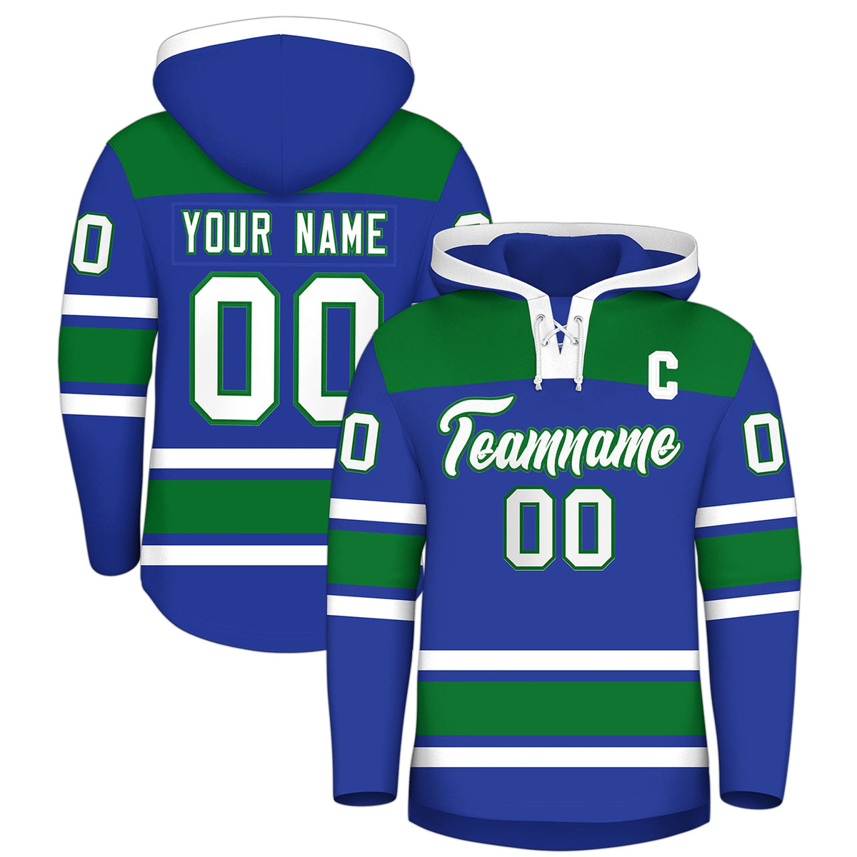 Custom Hockey Hoodie Jersey Royal Blue Kelly Green Raglan Sleeves Lace-Up Neck Classic Team Colors Hoodie