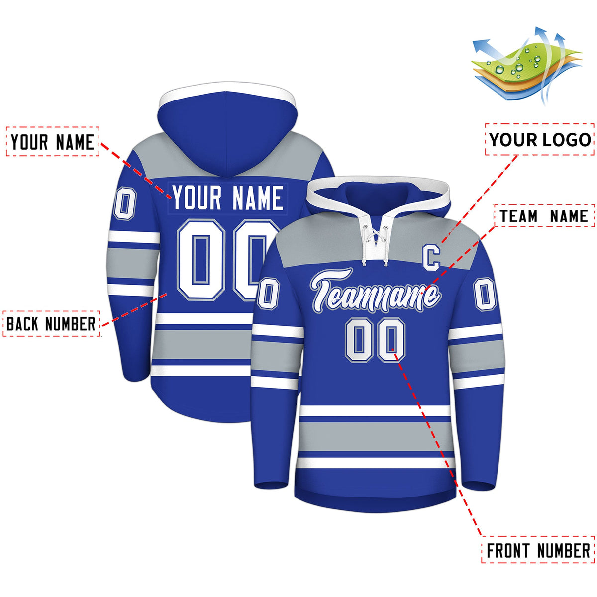 Custom Hockey Hoodie Jersey Royal Blue Silver Raglan Sleeves Lace-Up Neck Personalized Jersey for Men &amp; Youth