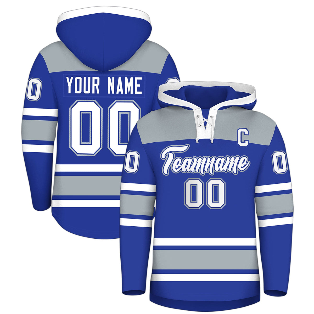 Custom Hockey Hoodie Jersey Royal Blue Silver Raglan Sleeves Lace-Up Neck Personalized Jersey for Men &amp; Youth