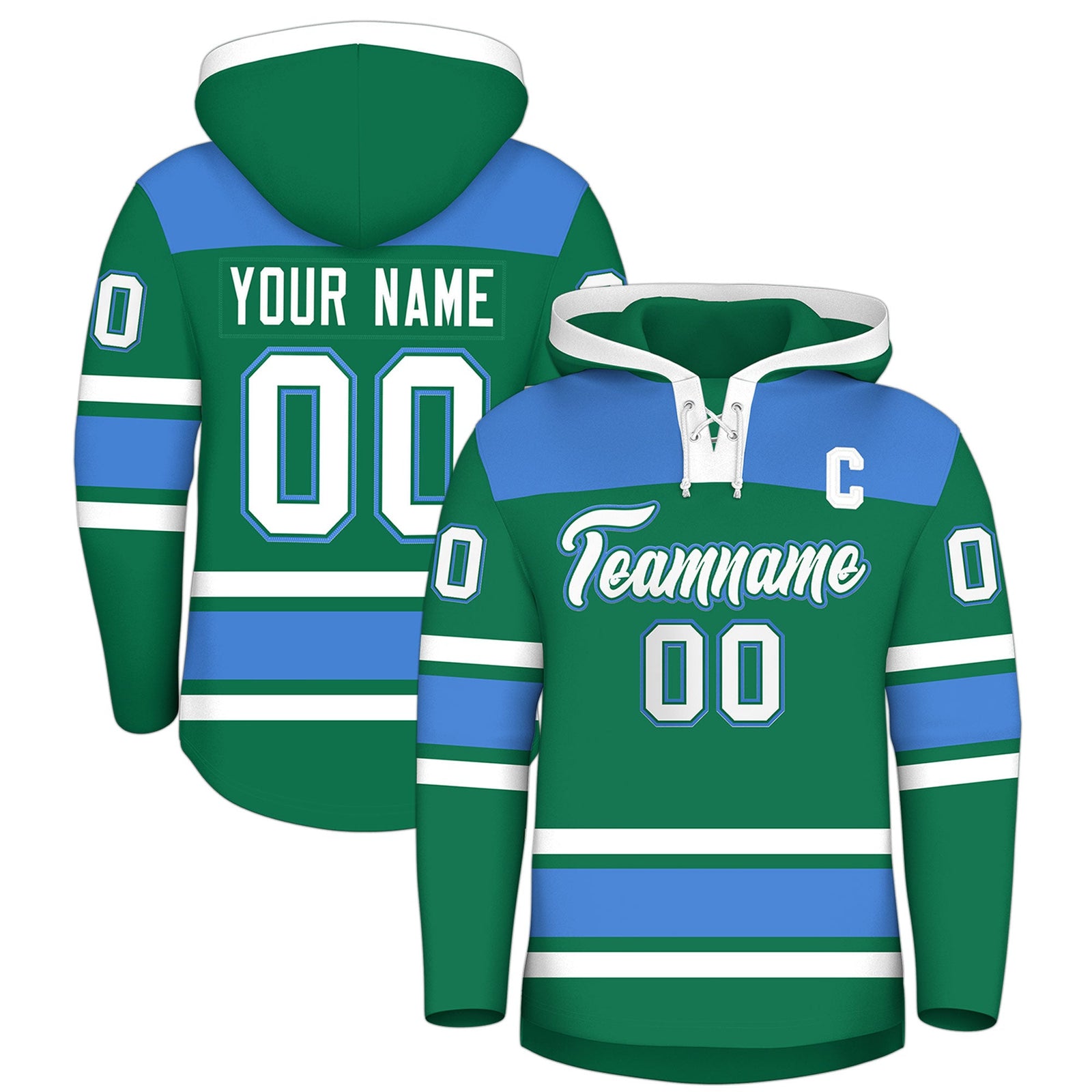 Custom Hockey Hoodie Jersey Kelly Green Powder Blue Raglan Sleeves Lace-Up Neck Classic Team Colors Hoodie