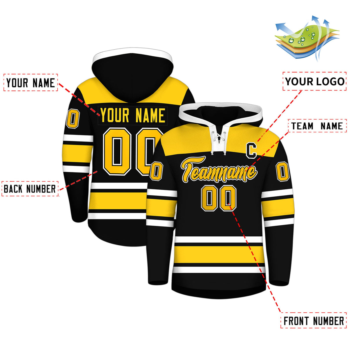 Custom Hockey Hoodie Jersey Black Gold Raglan Sleeves Lace-Up Neck Personalized Jersey for Men &amp; Youth