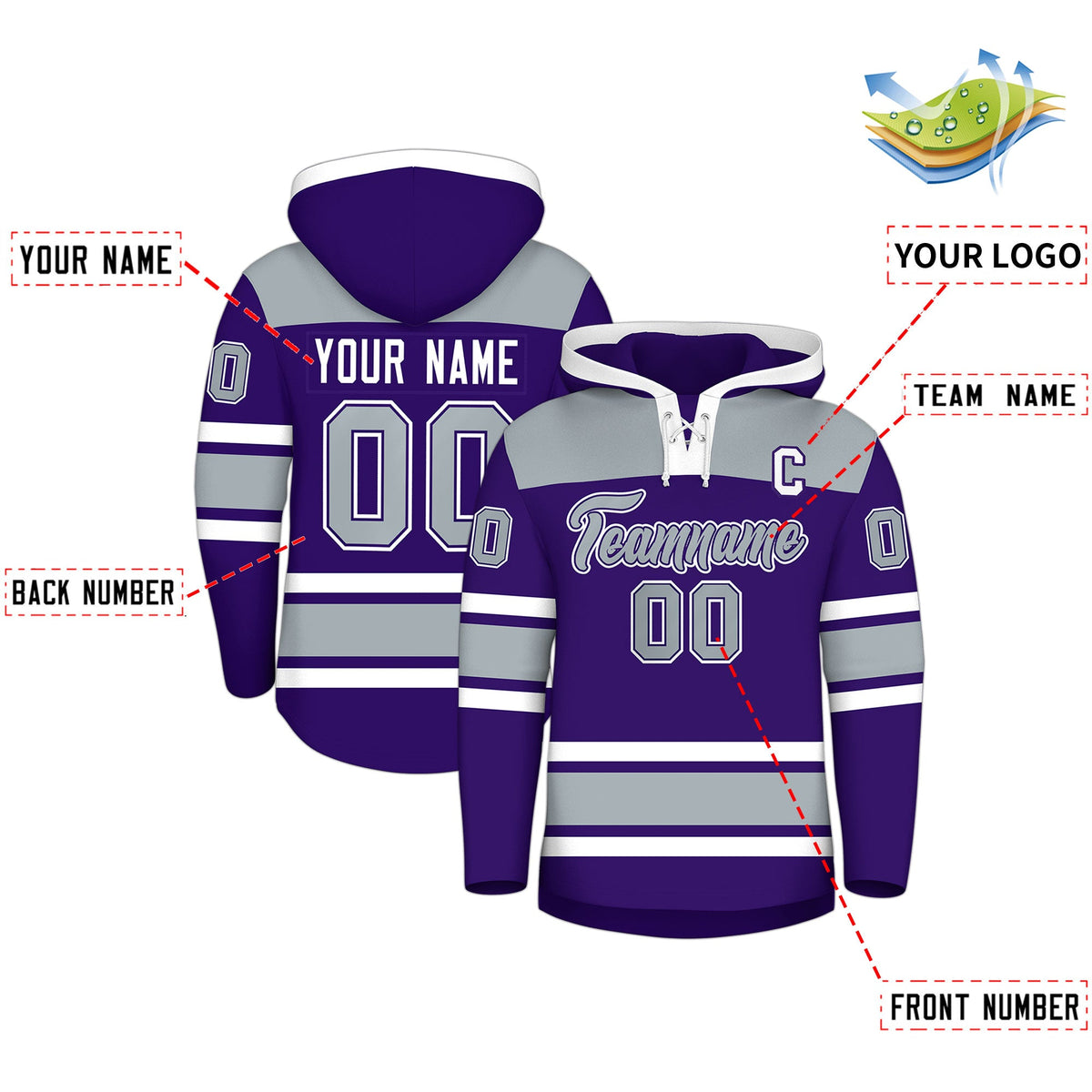 Custom Hockey Hoodie Jersey Purple Silver Raglan Sleeves Lace-Up Neck Personal Name &amp; Number &amp; Logo