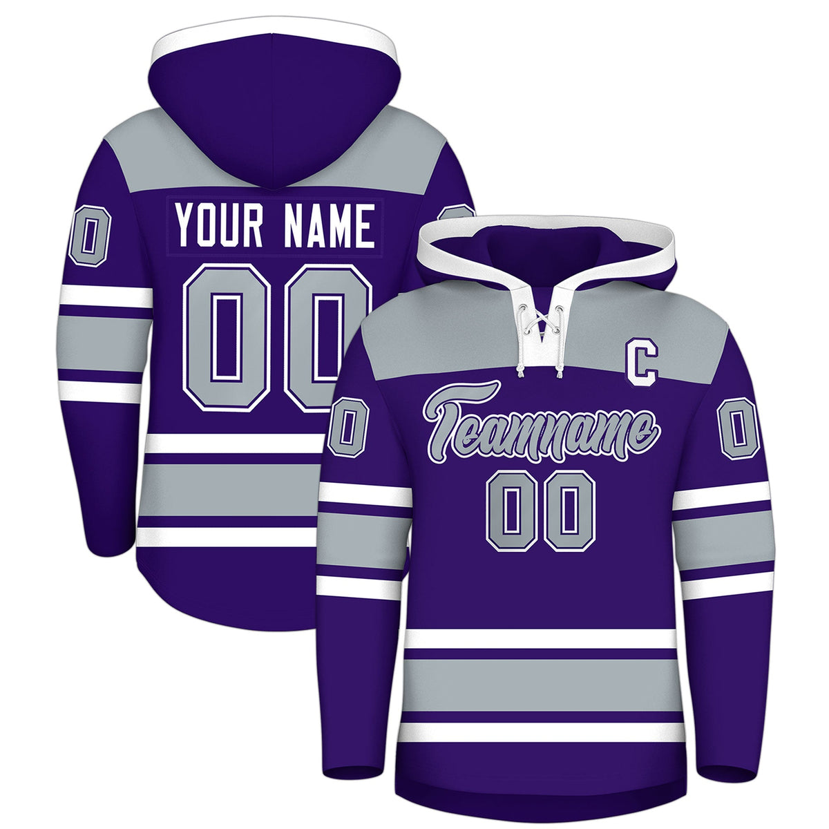 Custom Hockey Hoodie Jersey Purple Silver Raglan Sleeves Lace-Up Neck Personal Name &amp; Number &amp; Logo