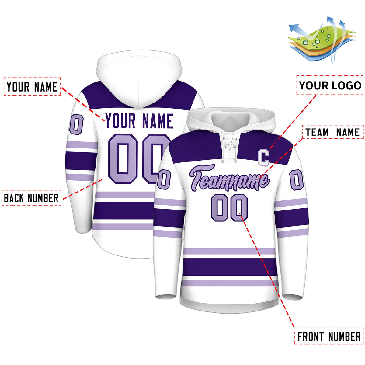 Custom Hockey Hoodie Jersey White Purple Raglan Sleeves Lace-Up Neck Personalized Jersey for Men &amp; Youth
