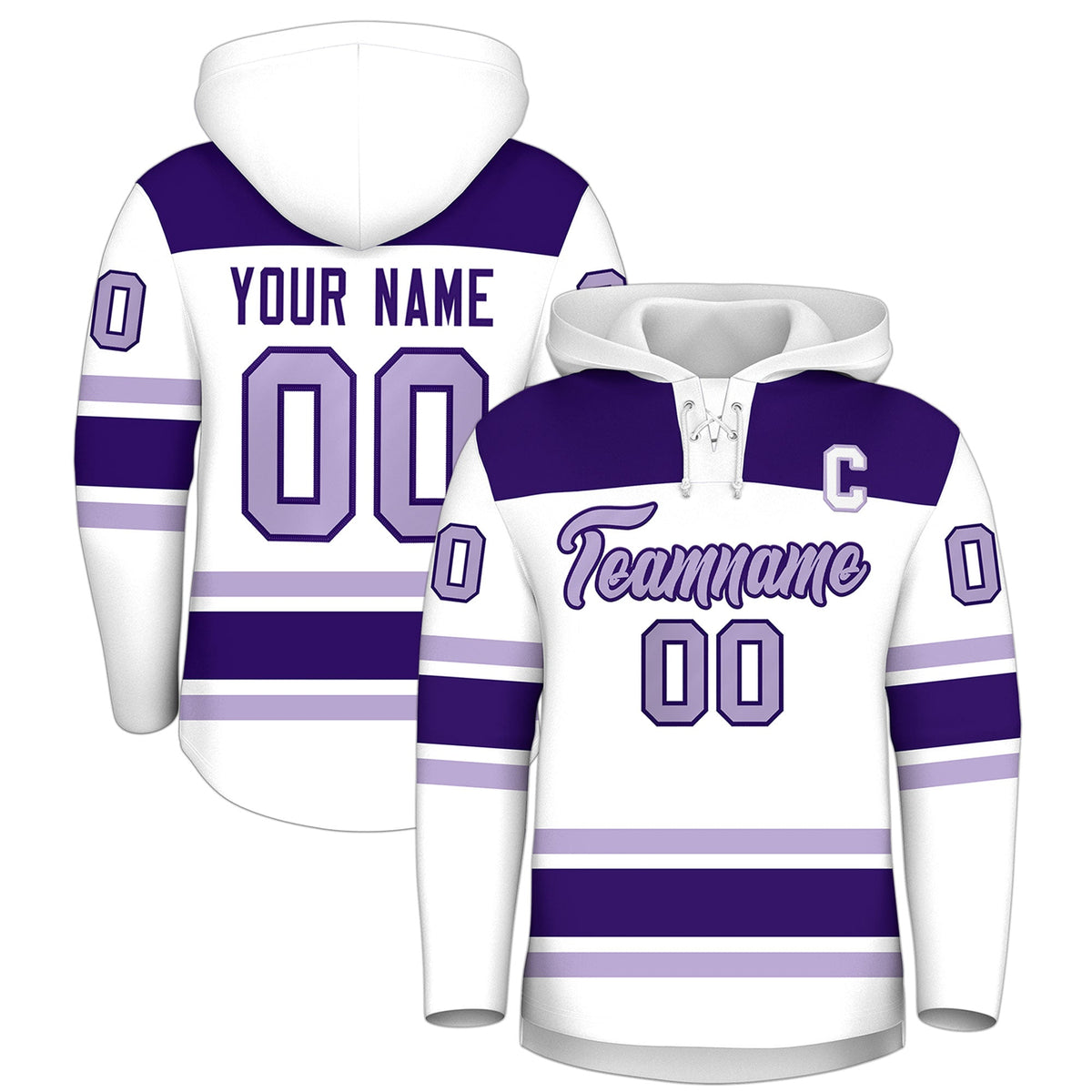 Custom Hockey Hoodie Jersey White Purple Raglan Sleeves Lace-Up Neck Personalized Jersey for Men &amp; Youth