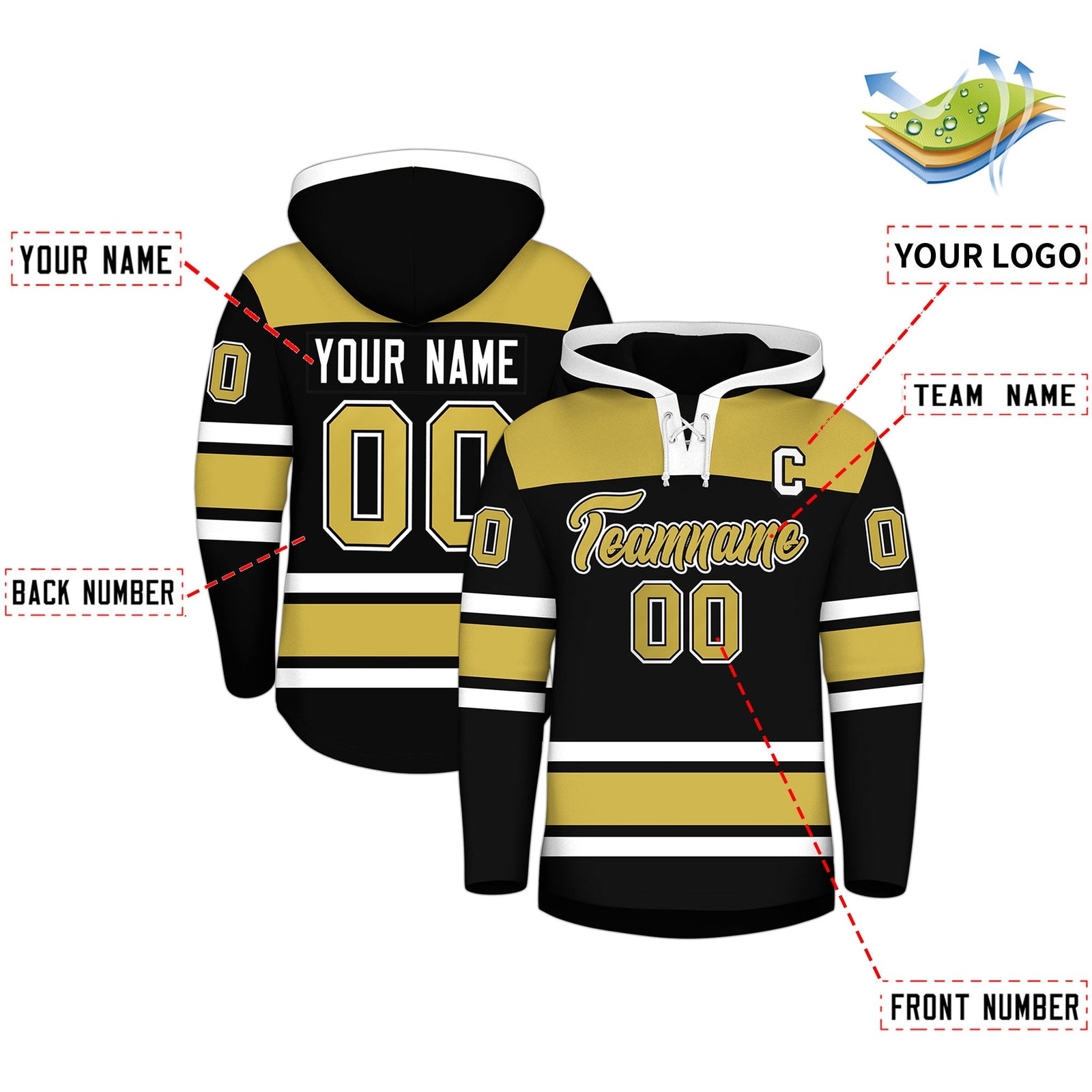 Custom Hockey Hoodie Jersey Black Old Gold Raglan Sleeves Lace-Up Neck Personal Name & Number & Logo
