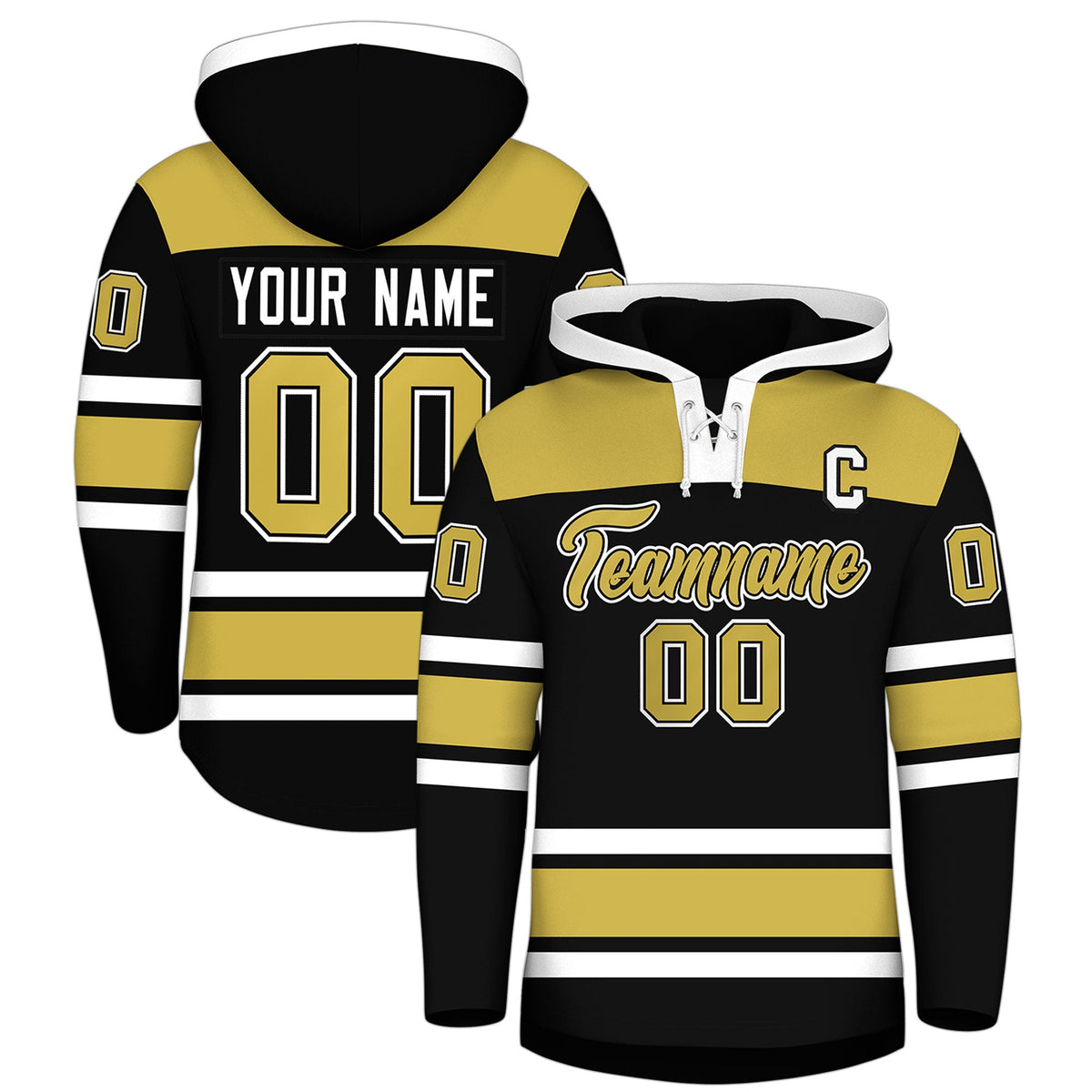 Custom Hockey Hoodie Jersey Black Old Gold Raglan Sleeves Lace-Up Neck Personal Name &amp; Number &amp; Logo