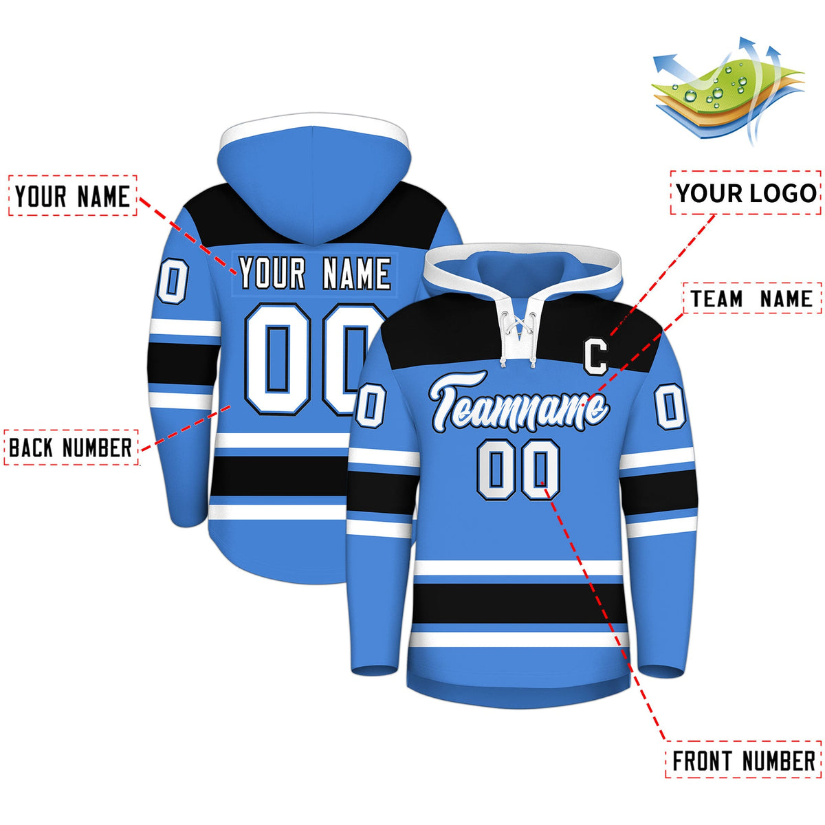 Custom Hockey Hoodie Jersey Powder Blue Black Raglan Sleeves Lace-Up Neck Classic Team Colors Hoodie