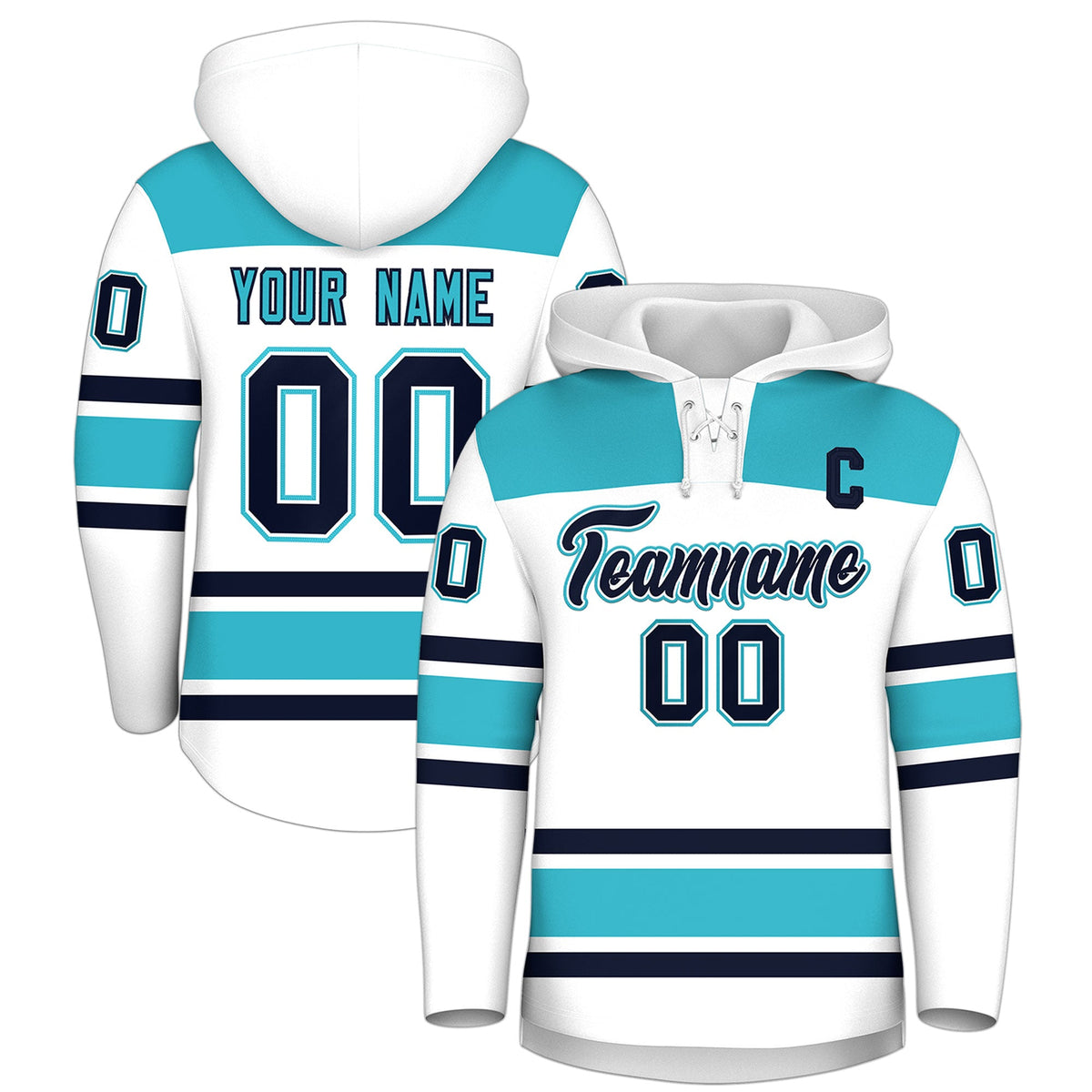 Custom Hockey Hoodie Jersey White Sky Blue Raglan Sleeves Lace-Up Neck Personalized Jersey for Men &amp; Youth