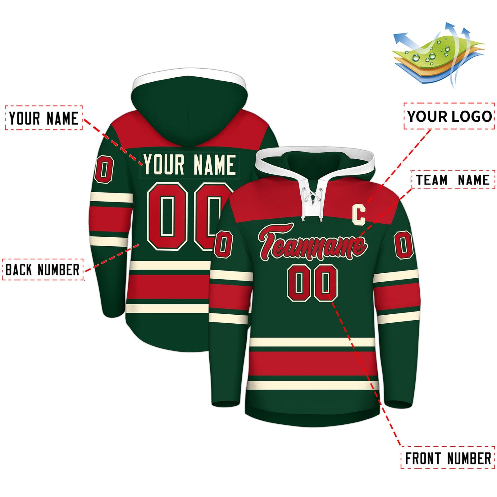 Custom Hockey Hoodie Jersey Green Red Raglan Sleeves Lace-Up Neck Classic Team Colors Hoodie