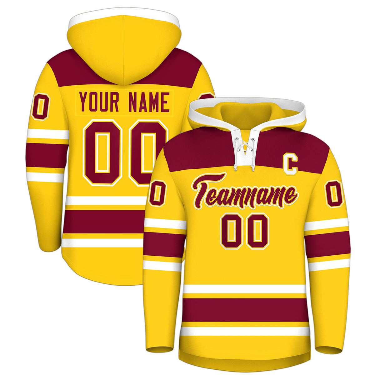 Custom Hockey Hoodie Jersey Gold Crimson Raglan Sleeves Lace-Up Neck Personalized Jersey for Men &amp; Youth