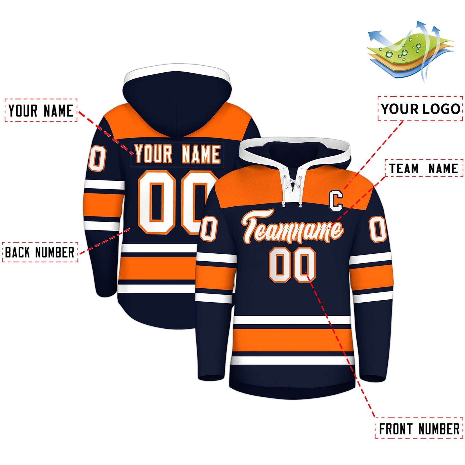 Custom Hockey Hoodie Jersey Navy Orange Raglan Sleeves Lace-Up Neck Personal Name & Number & Logo