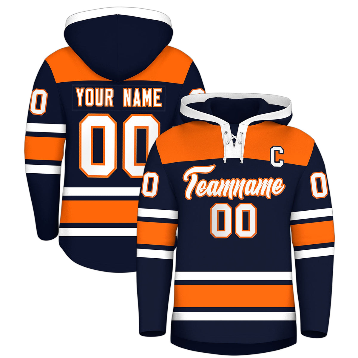 Custom Hockey Hoodie Jersey Navy Orange Raglan Sleeves Lace-Up Neck Personal Name &amp; Number &amp; Logo